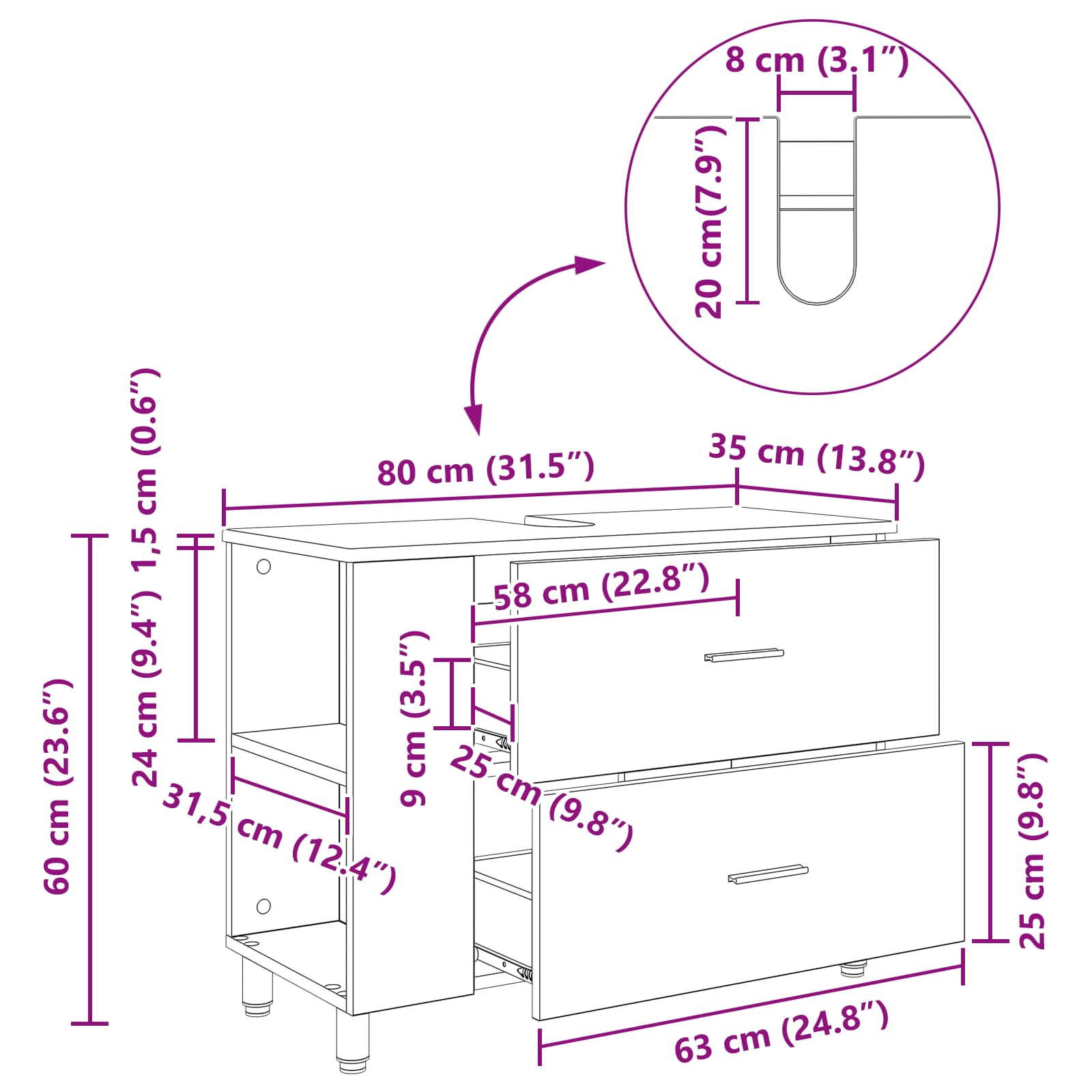 Toaletna jedinica Crna 80 x 35 x 60 cm Konstruirano drvo