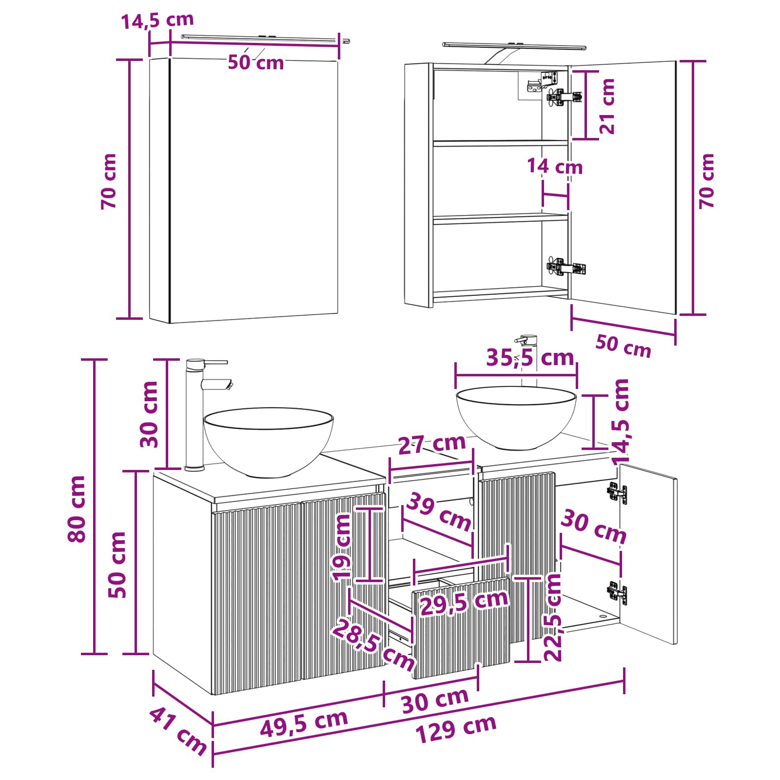 Set ormarića za kupaonicu 5 pcs Bijela 50 x 14,5 x 70 cm