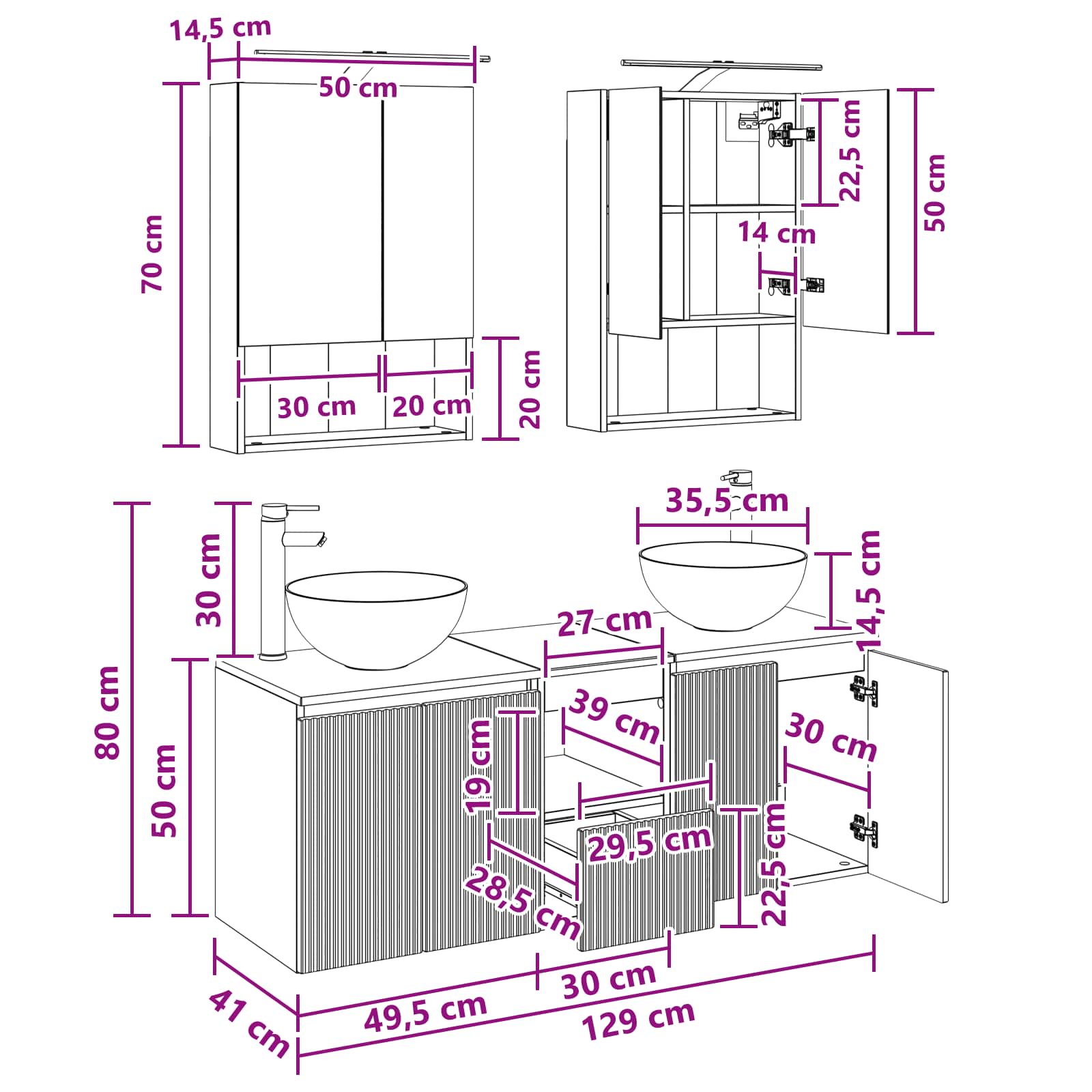 Set ormarića za kupaonicu 5 pcs Bijela 50 x 14,5 x 70 cm