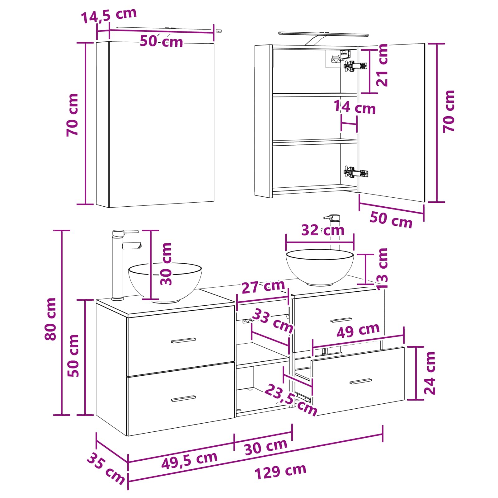 Set ormarića za kupaonicu 5 pcs Betonska siva 50 x 14,5 x 70 cm