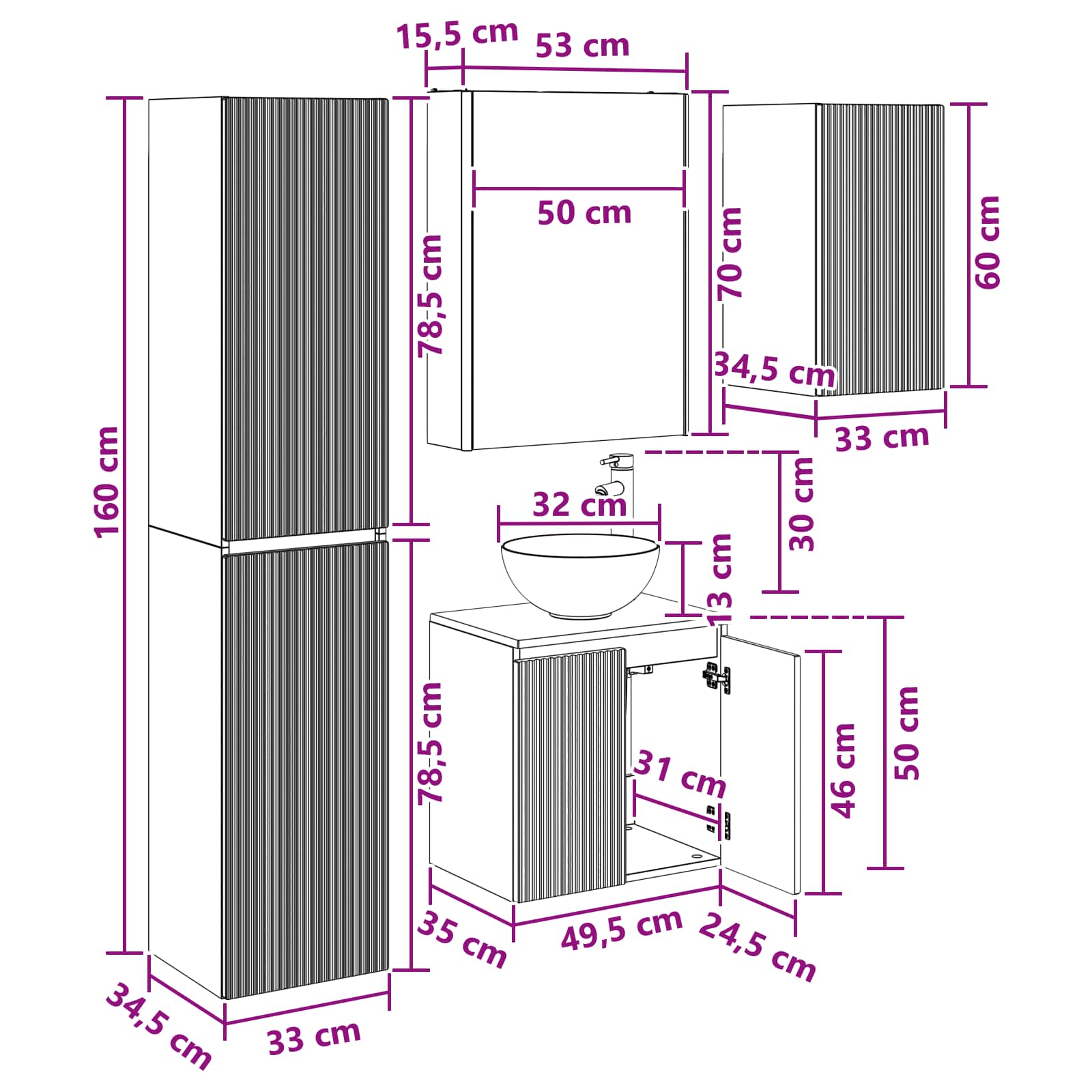 Set ormarića za kupaonicu 5 pcs Siva Sonoma 53 x 15,5 x 70 cm