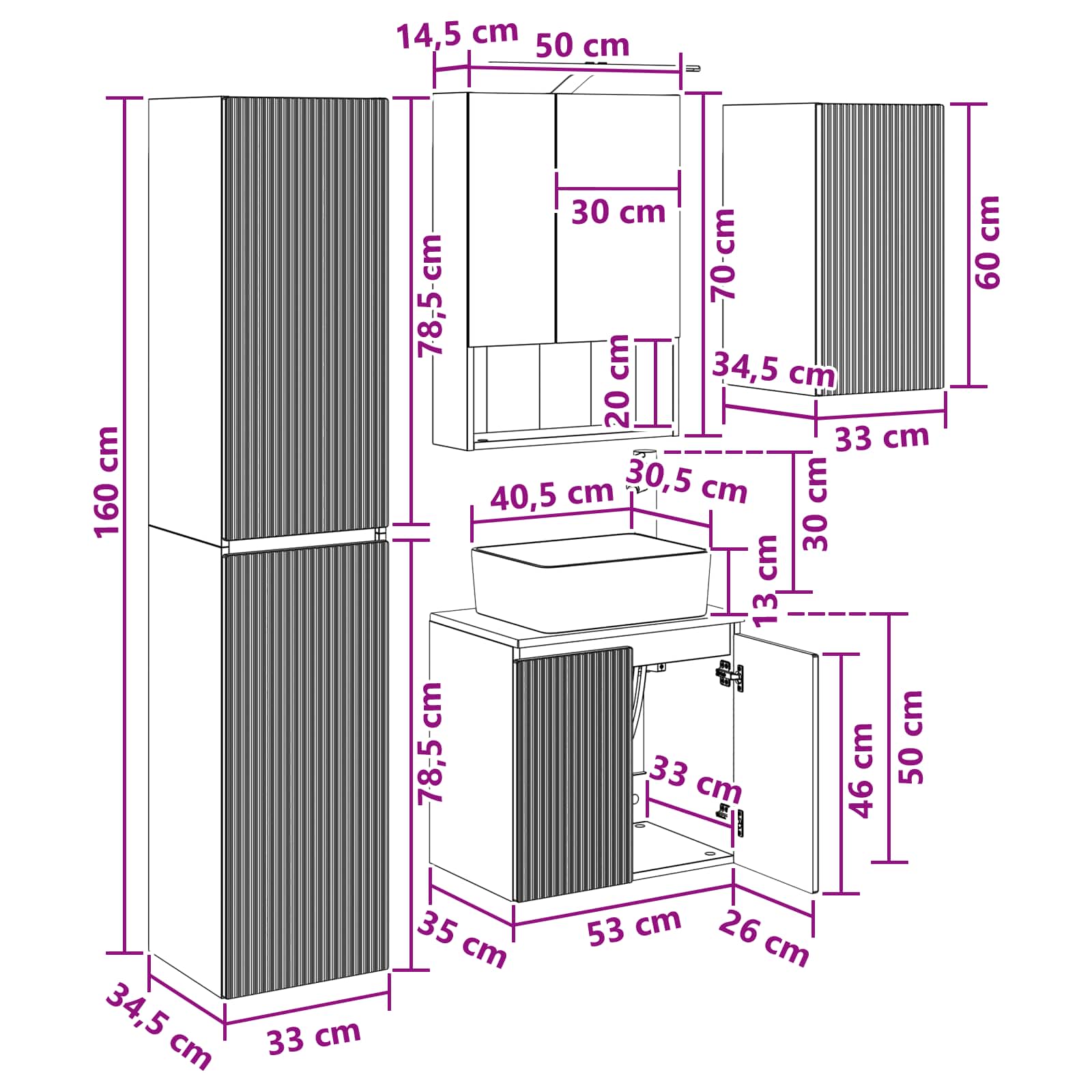 Set ormarića za kupaonicu 5 pcs Bijela 50 x 14,5 x 70 cm