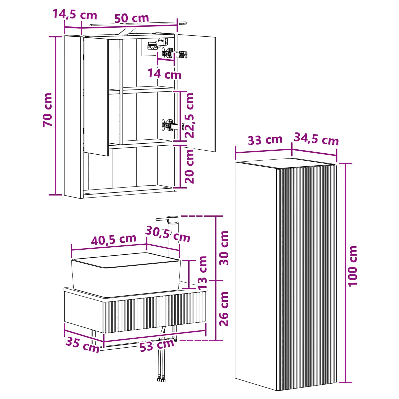 Set ormarića za kupaonicu 4 pcs Staro drvo 50 x 14,5 x 70 cm