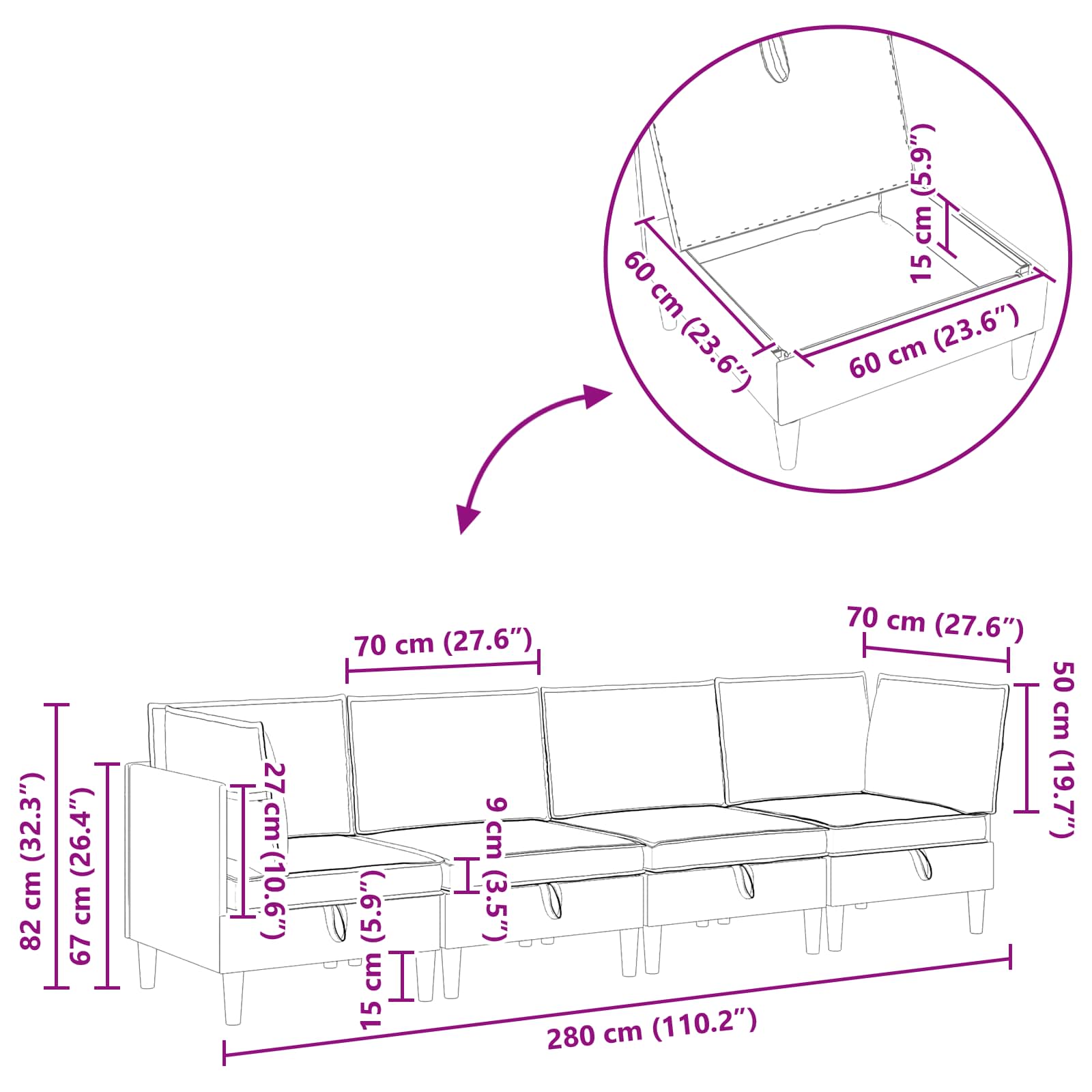 Modularni set sofe sa skladištem 4 pcs Svjetlosiva Tkanina