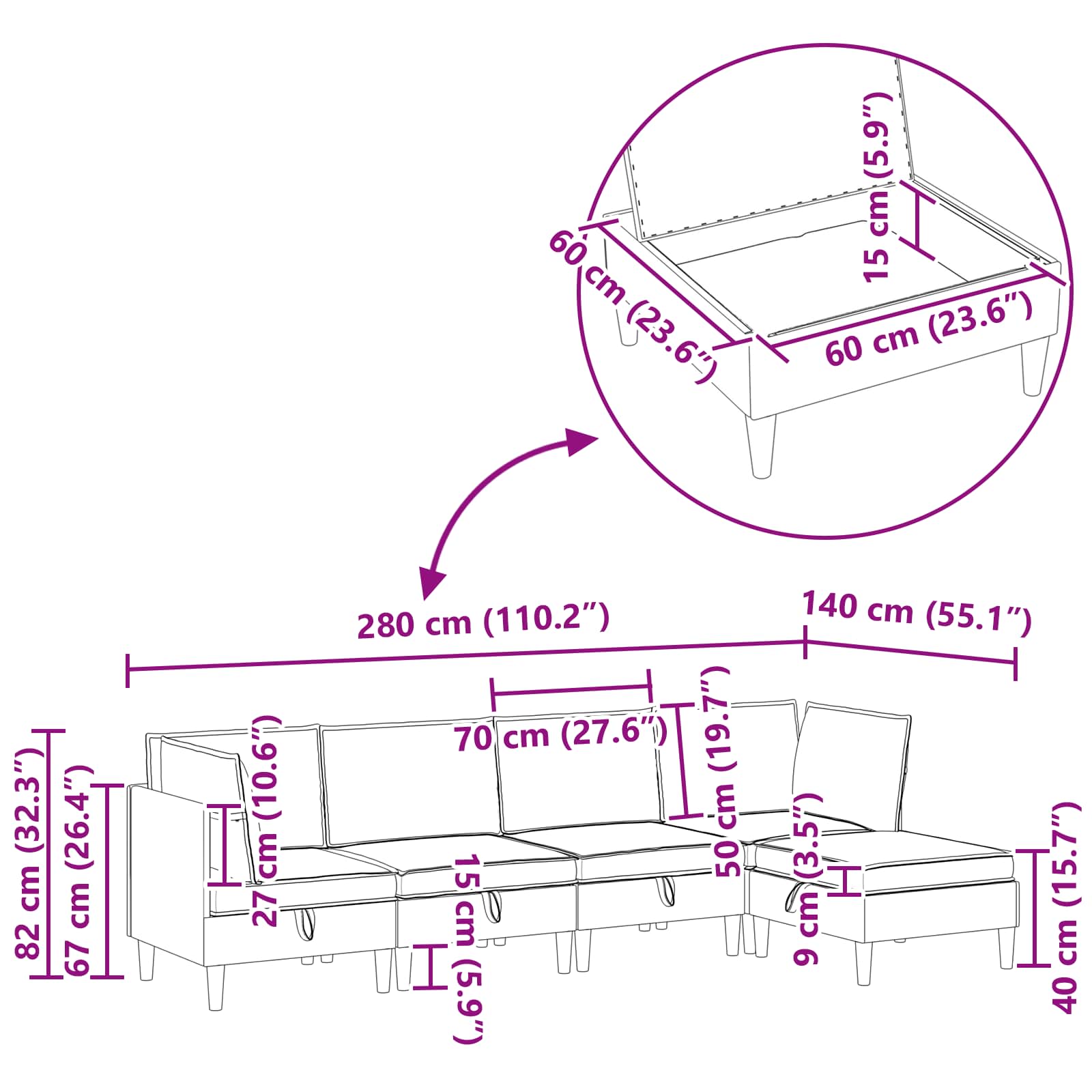 Modularni set sofe sa skladištem 5 pcs Tamnosiva Tkanina