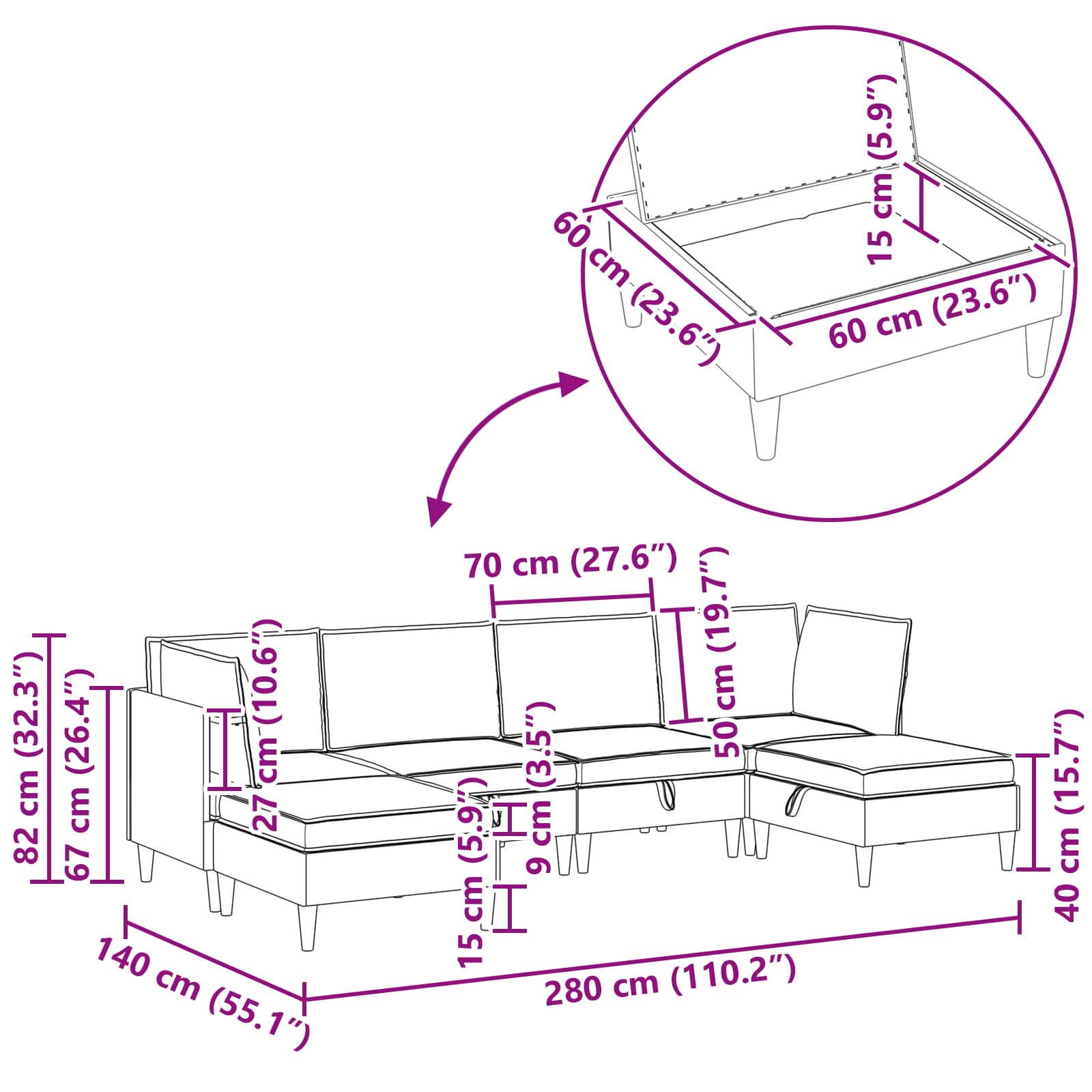 Modularni set sofe sa skladištem 6 pcs Tamnosiva Tkanina