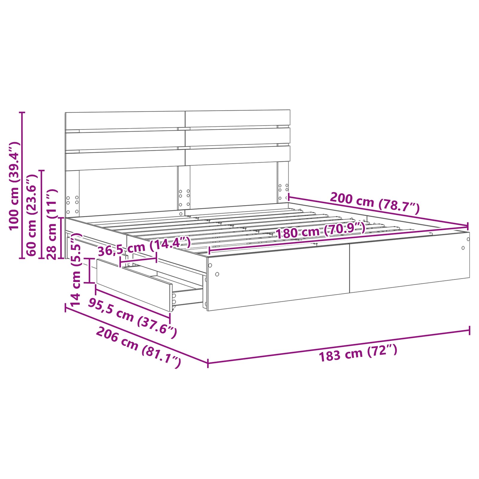 Krevet s od storage s uzglavljem Dimljeni hrast 180 x 200 cm