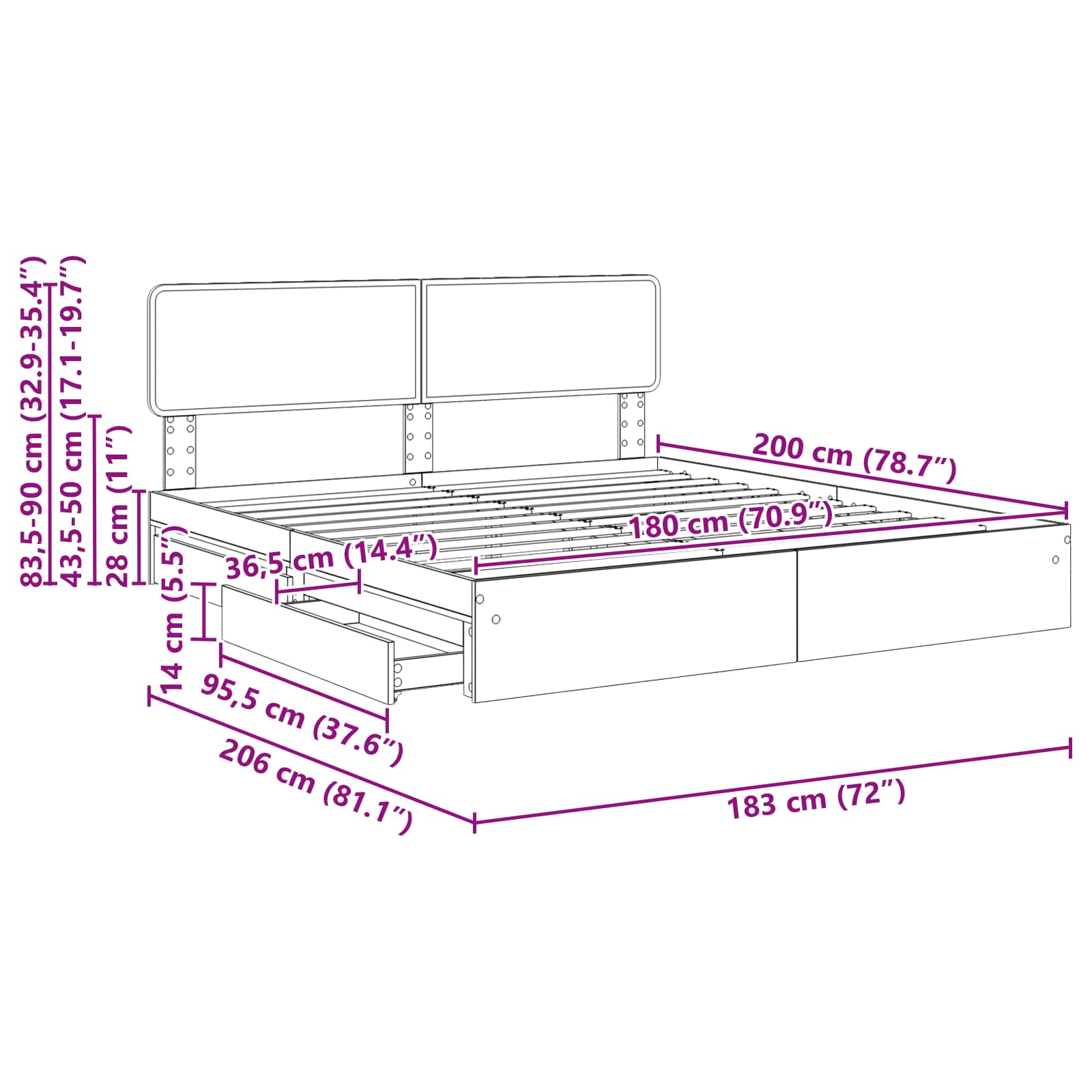 Krevet s od storage s uzglavljem Dimljeni hrast 180 x 200 cm