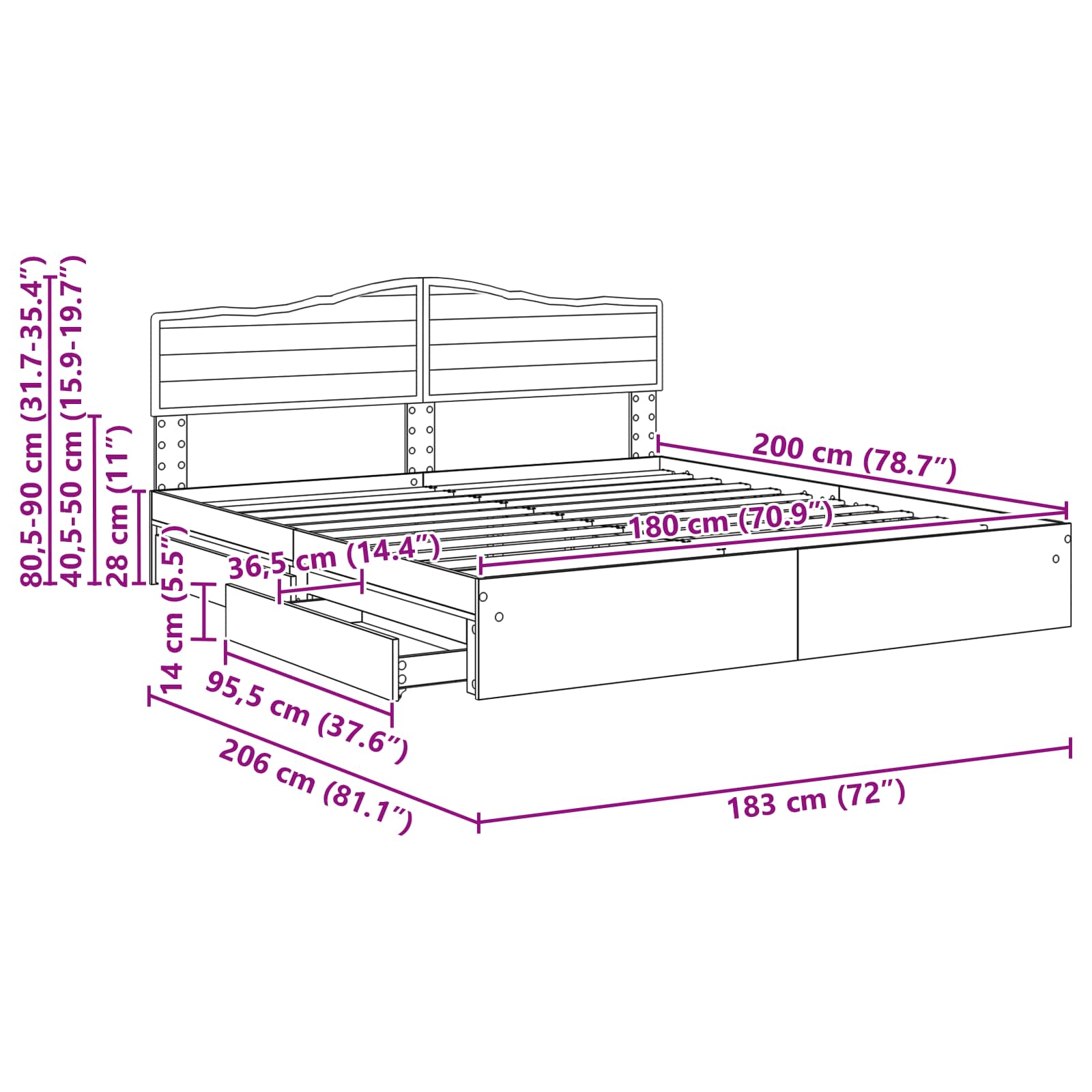 Krevet s od storage s uzglavljem Dimljeni hrast 180 x 200 cm
