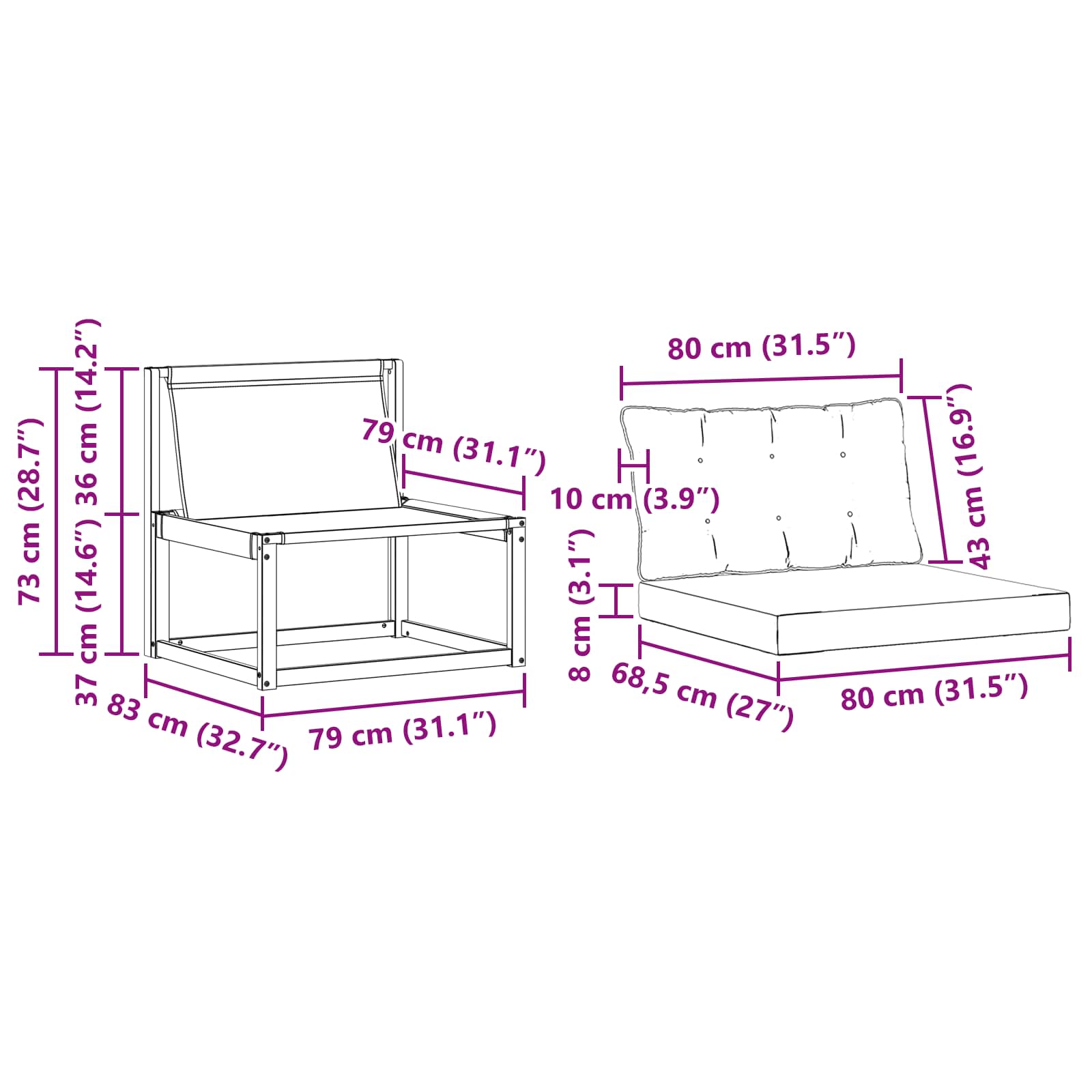 Srednja sofa za van s jastukom Bijela 79 x 83 x 73 cm čelik