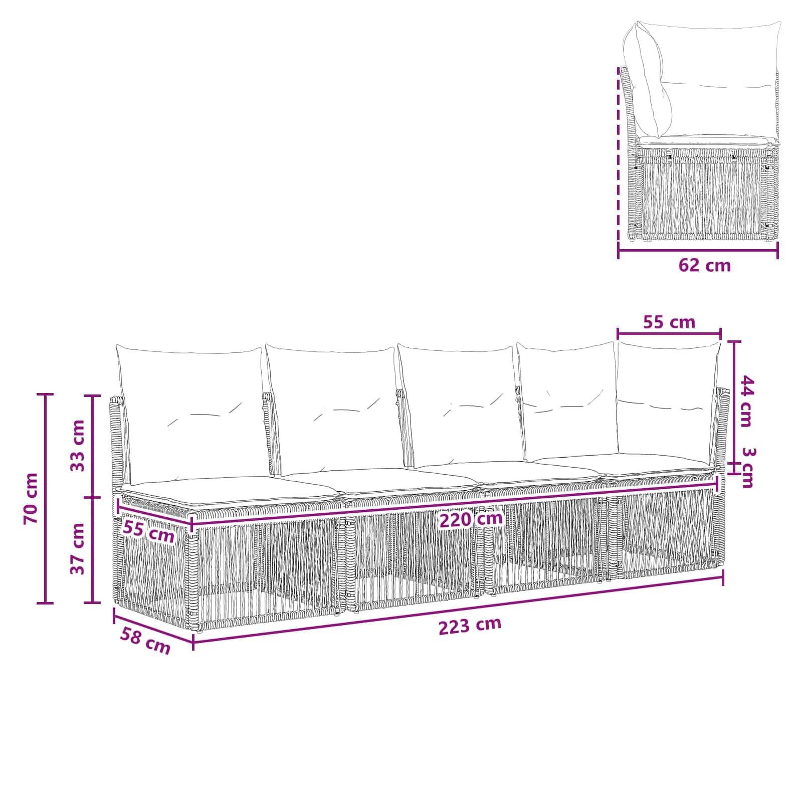 Sofa za 4 osobe s lijevom rukom 4 pcs 4-Broj sjedala Crna
