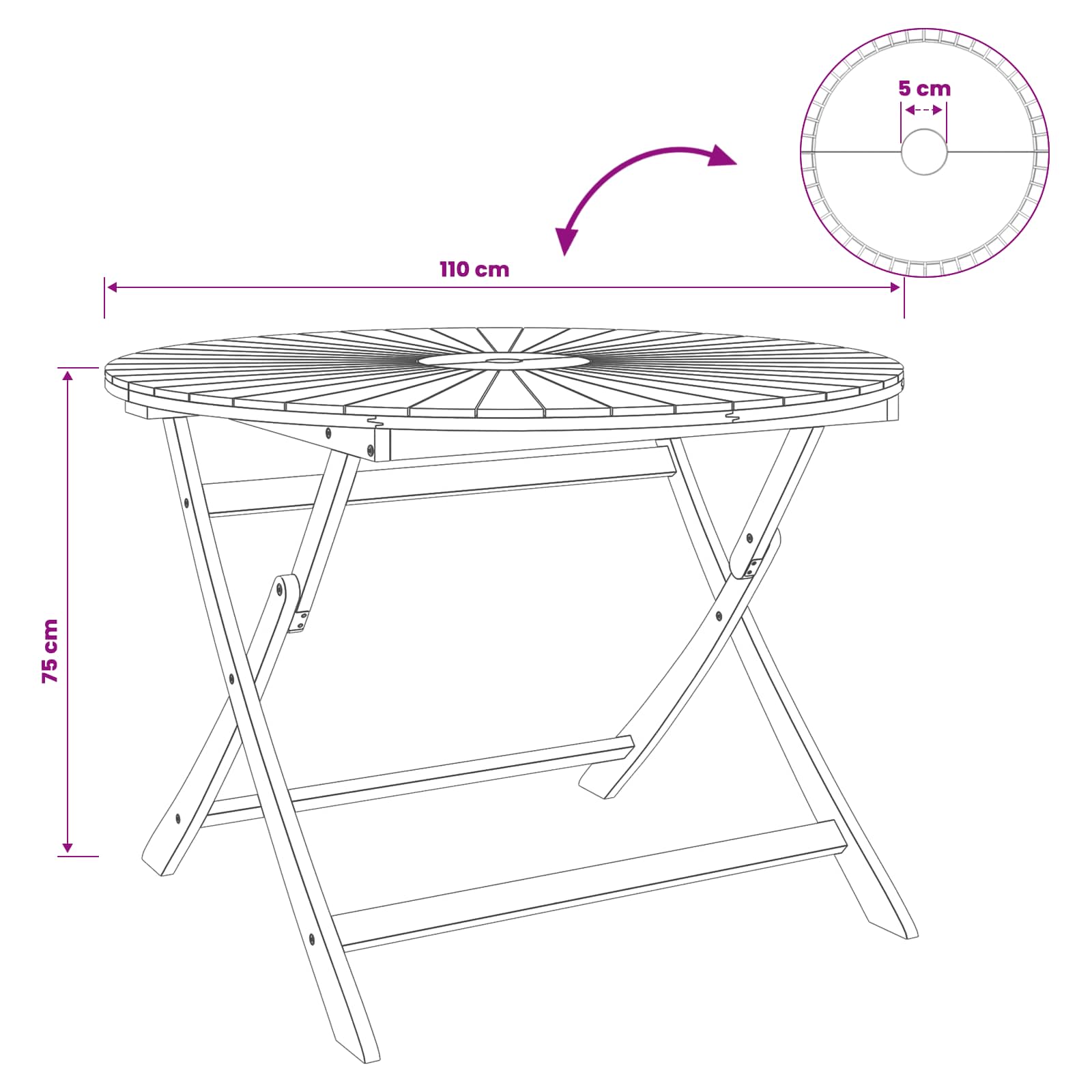 Preklopni vrtni stol Prirodna Ø110 x 75 cm Čvrsto drvo akacije