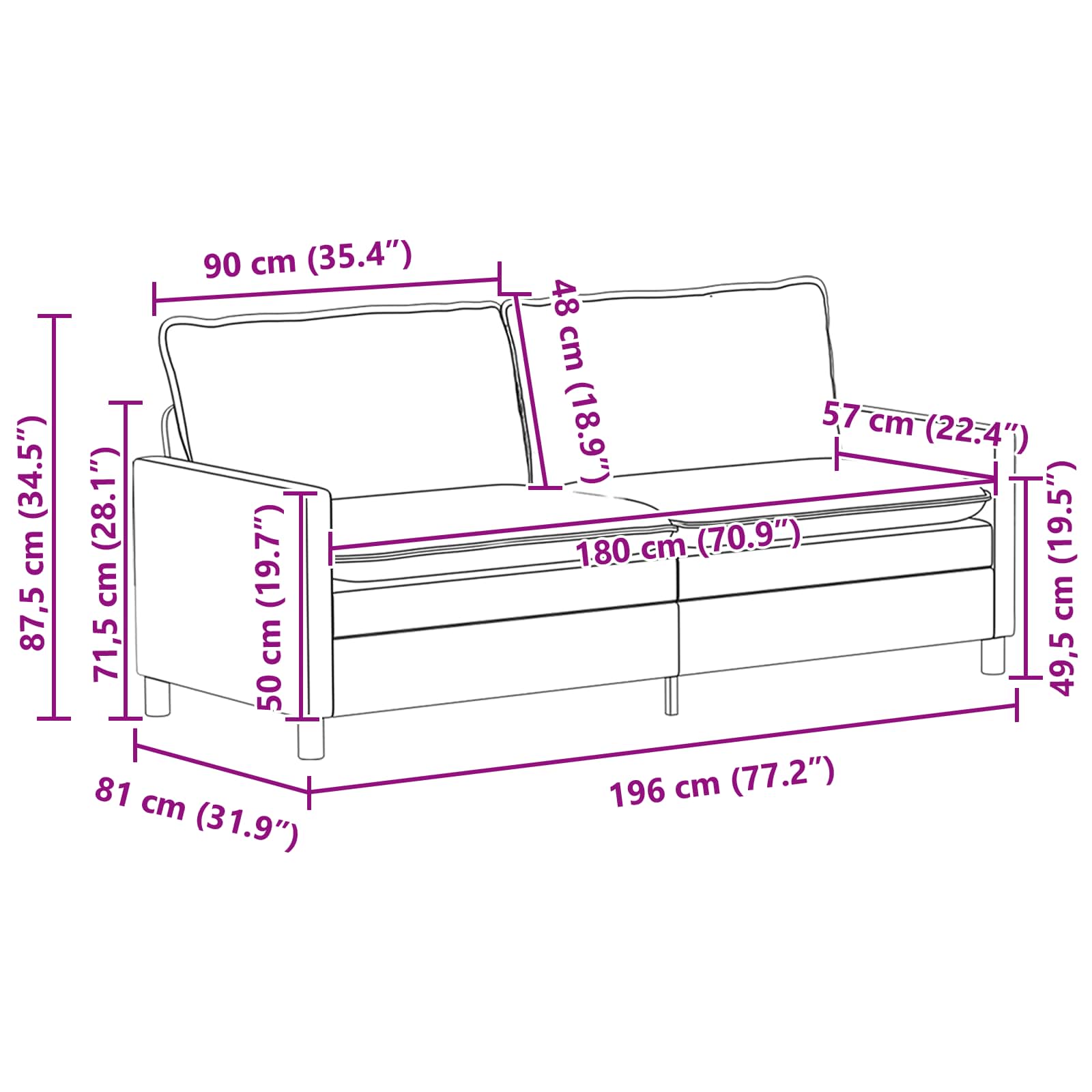 Sofa Crna 196 x 81 x 87,5 cm Tkanina