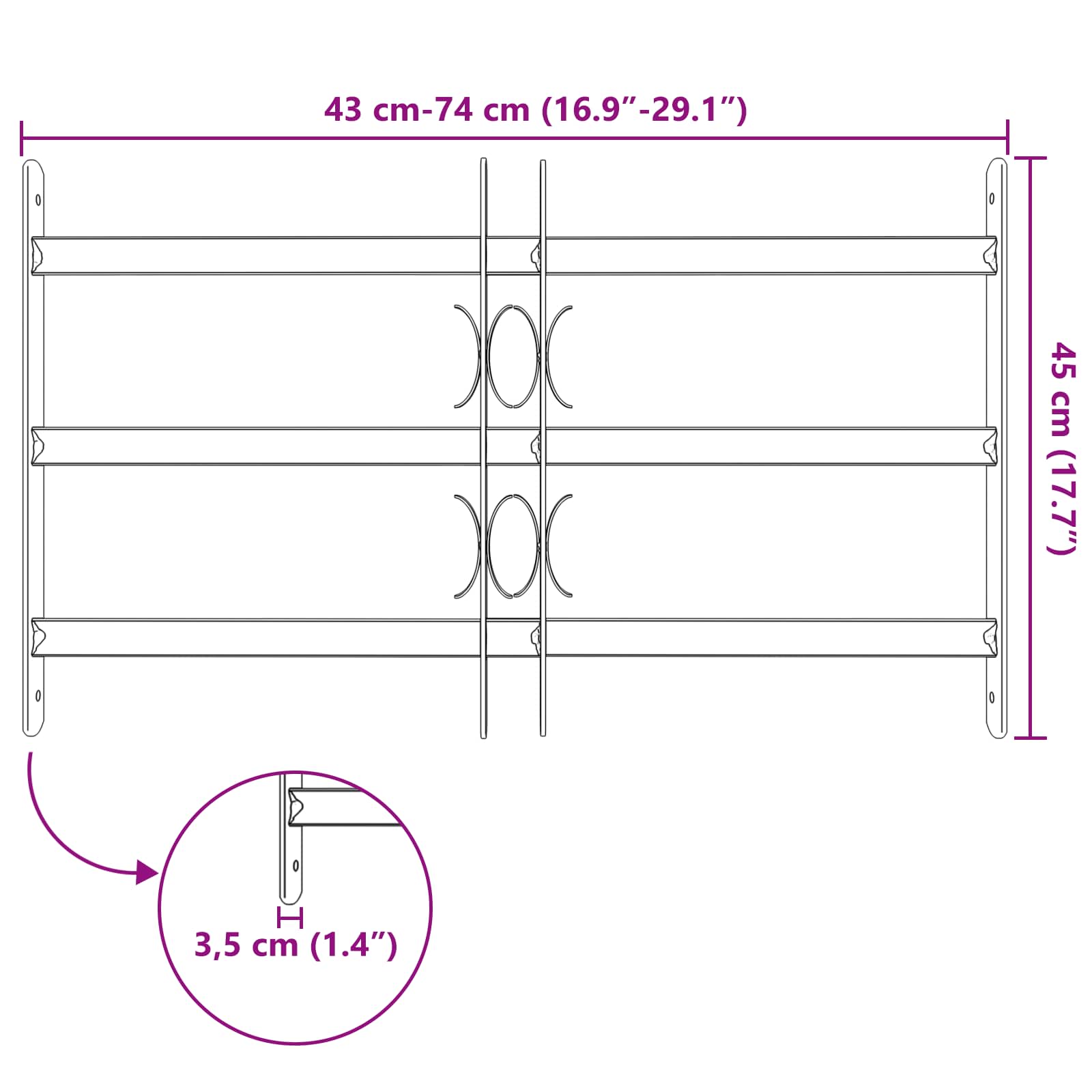 Sigurnosna rešetka za prozore s 3 poprečna okvira 43-74 cm