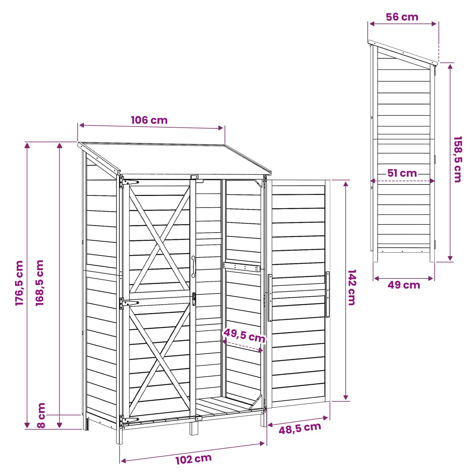 Vrtna Šupa s krovom Bijela 106 x 56 x 176,5 cm Čvrsto drvo jele
