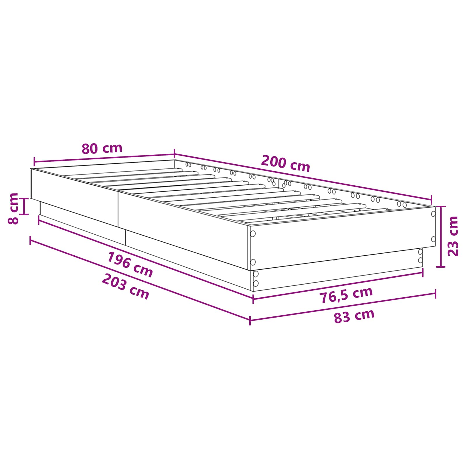 Krevetna konstrukcija s LED svjetlom Siva Sonoma 80 x 200 cm