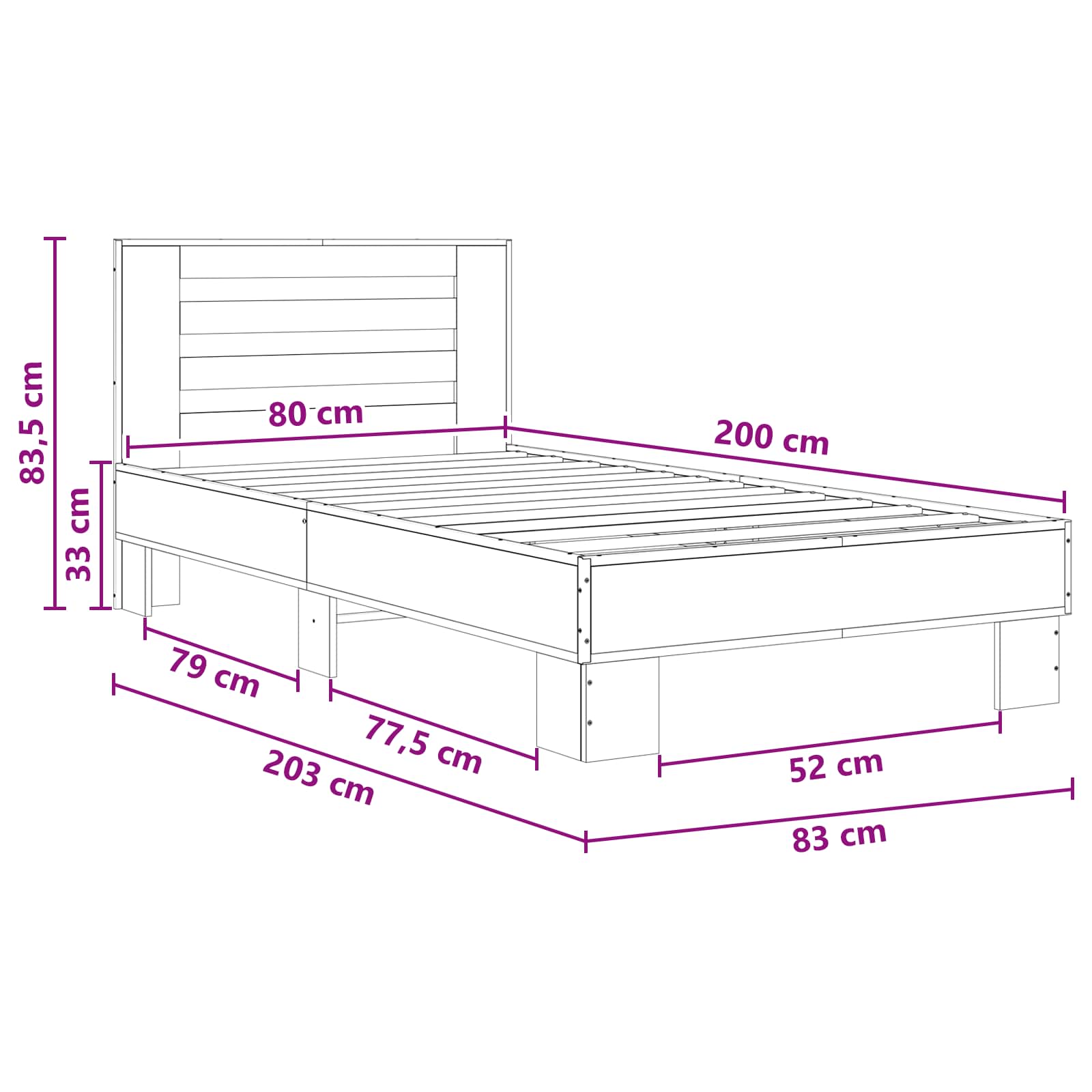Okvir kreveta s uzglavljem Siva Sonoma 80 x 200 cm