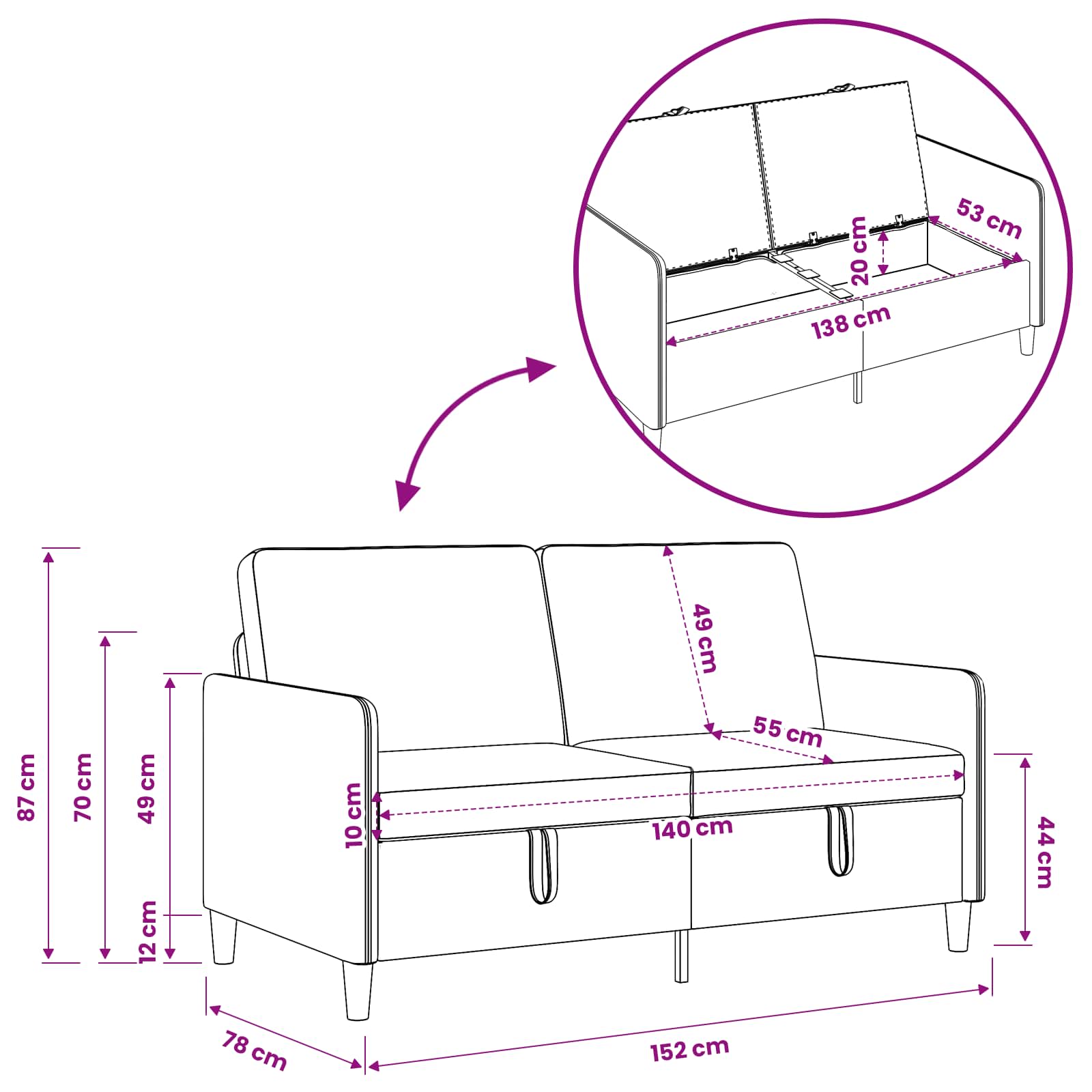 Sofa s pohranom Ružičasta 152 x 78 x 87 cm Poliester