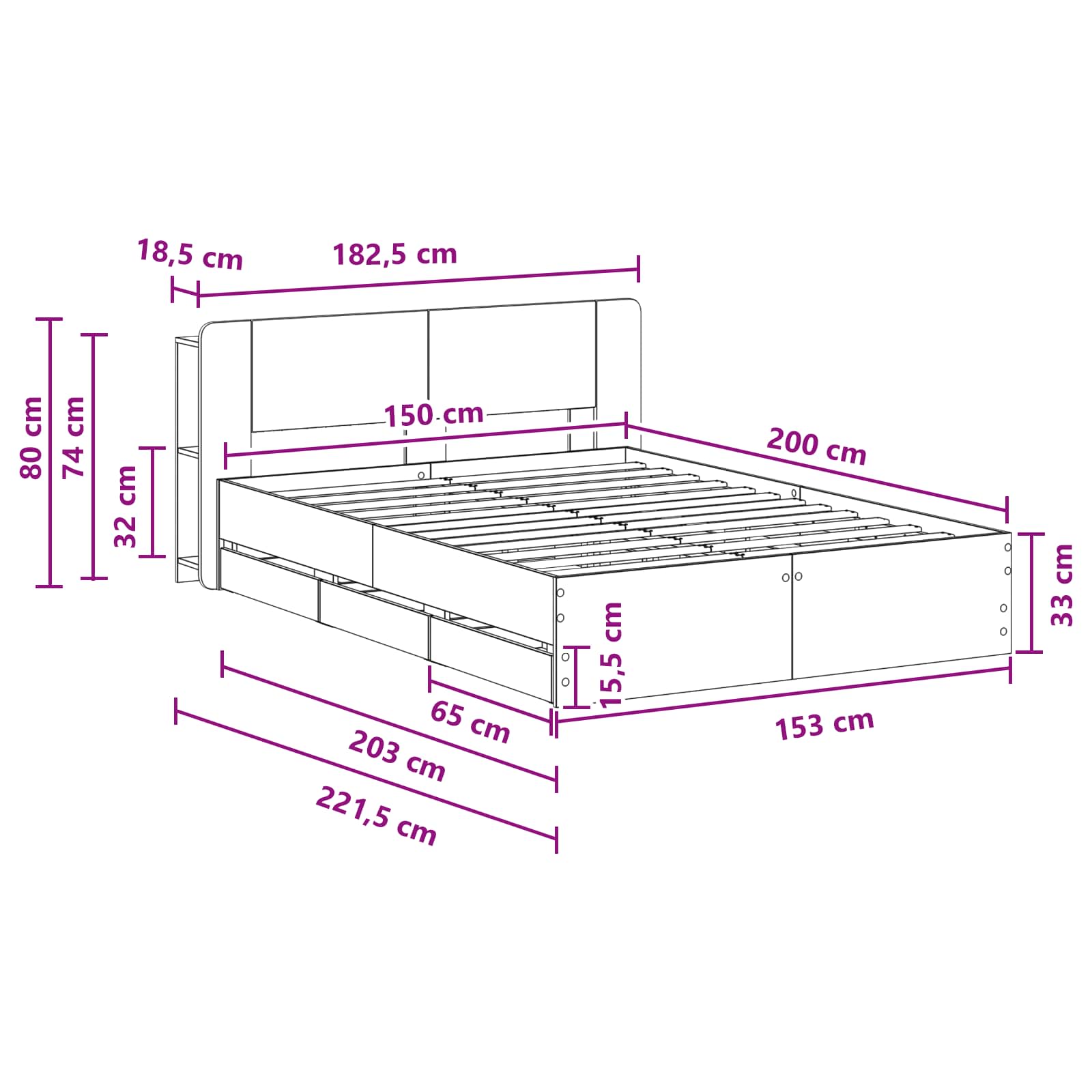 Okvir kreveta s pohranom Crna 150 x 200 cm Konstruirano drvo