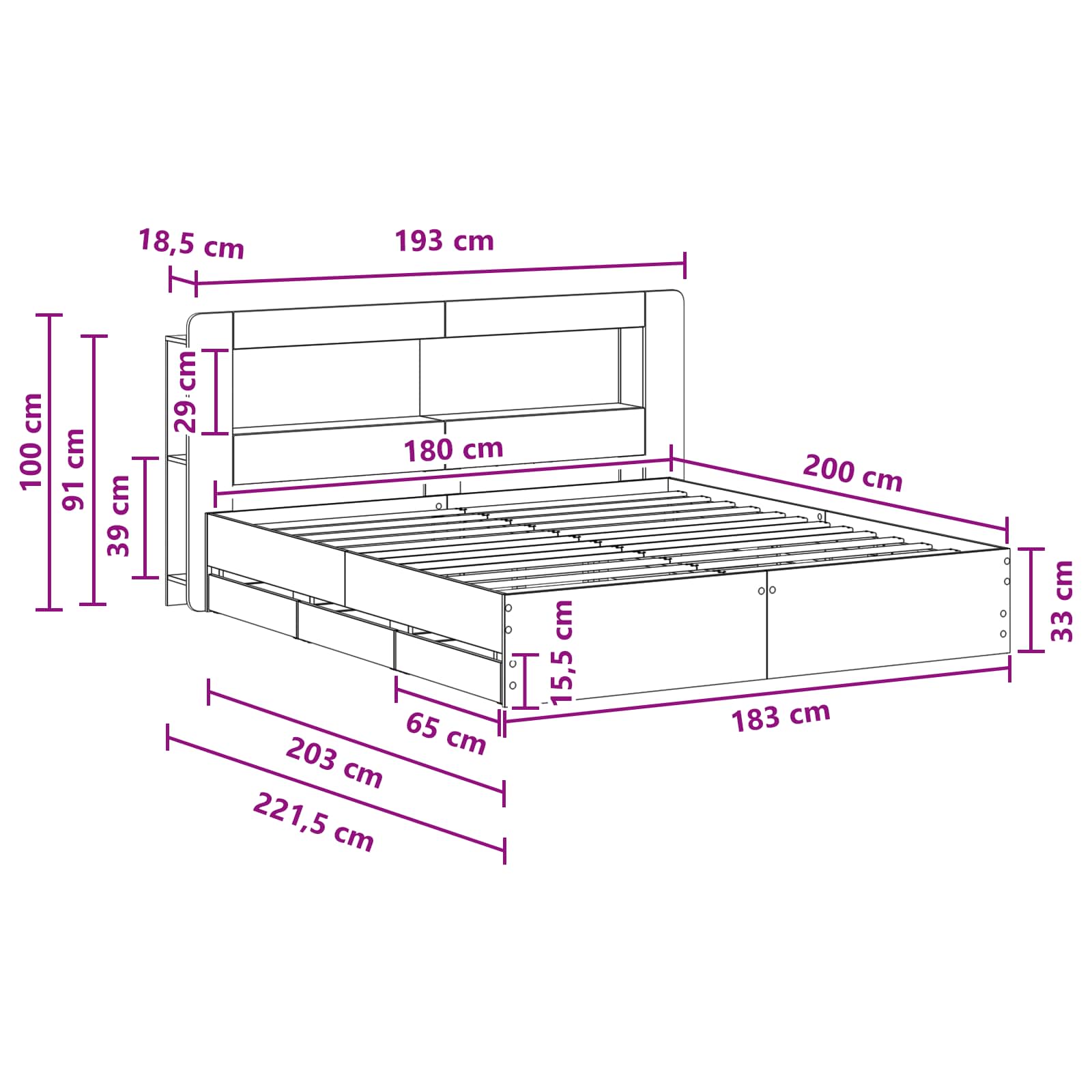 Okvir kreveta s pohranom Crna 180 x 200 cm Konstruirano drvo
