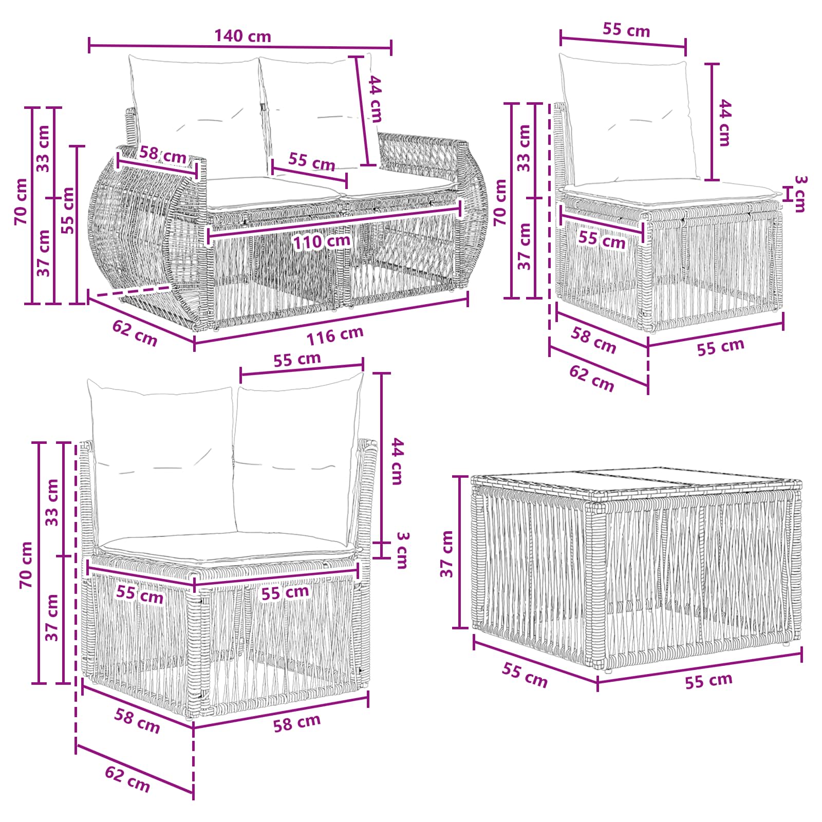 Sjedeća garnitura za vrt 14 pcs Siva i tamno siva poliratan