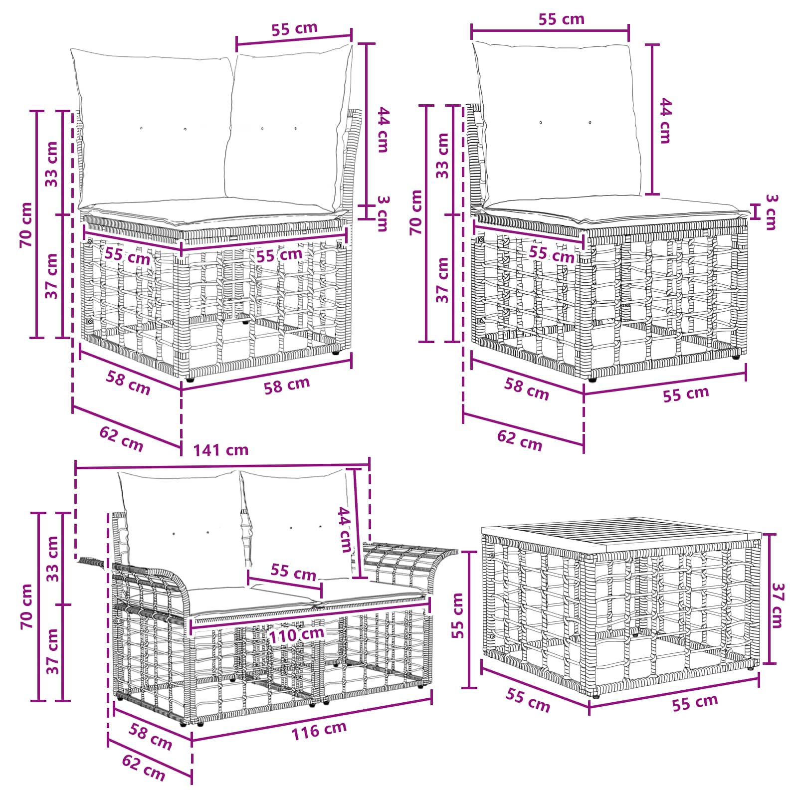 Set vanjskih sofa 9 pcs Crna i tamno siva poliratan