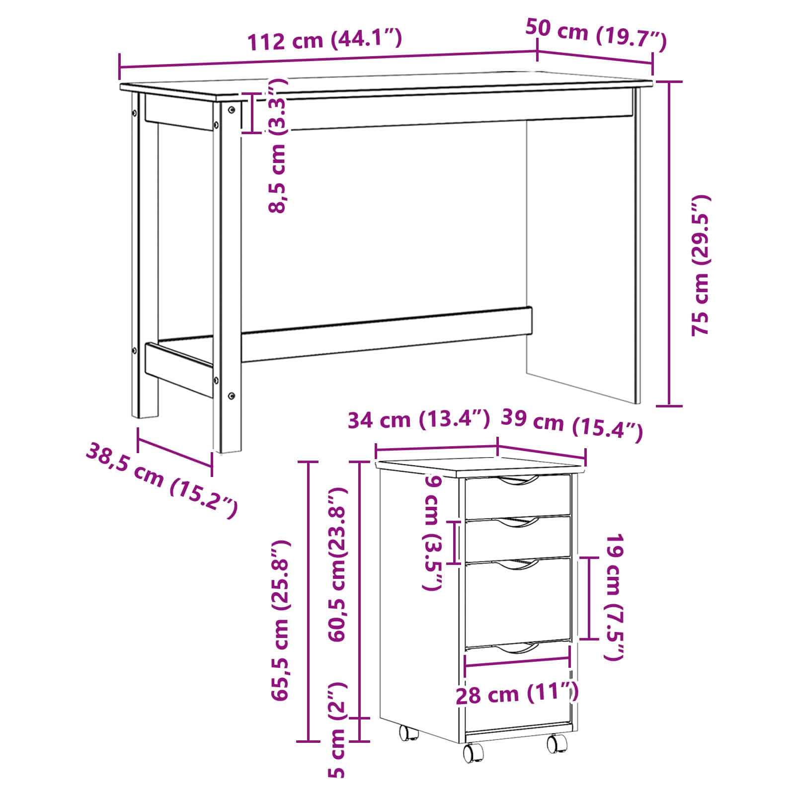 Set stola i pokretnog ormara MOSS 2 pcs Bijela