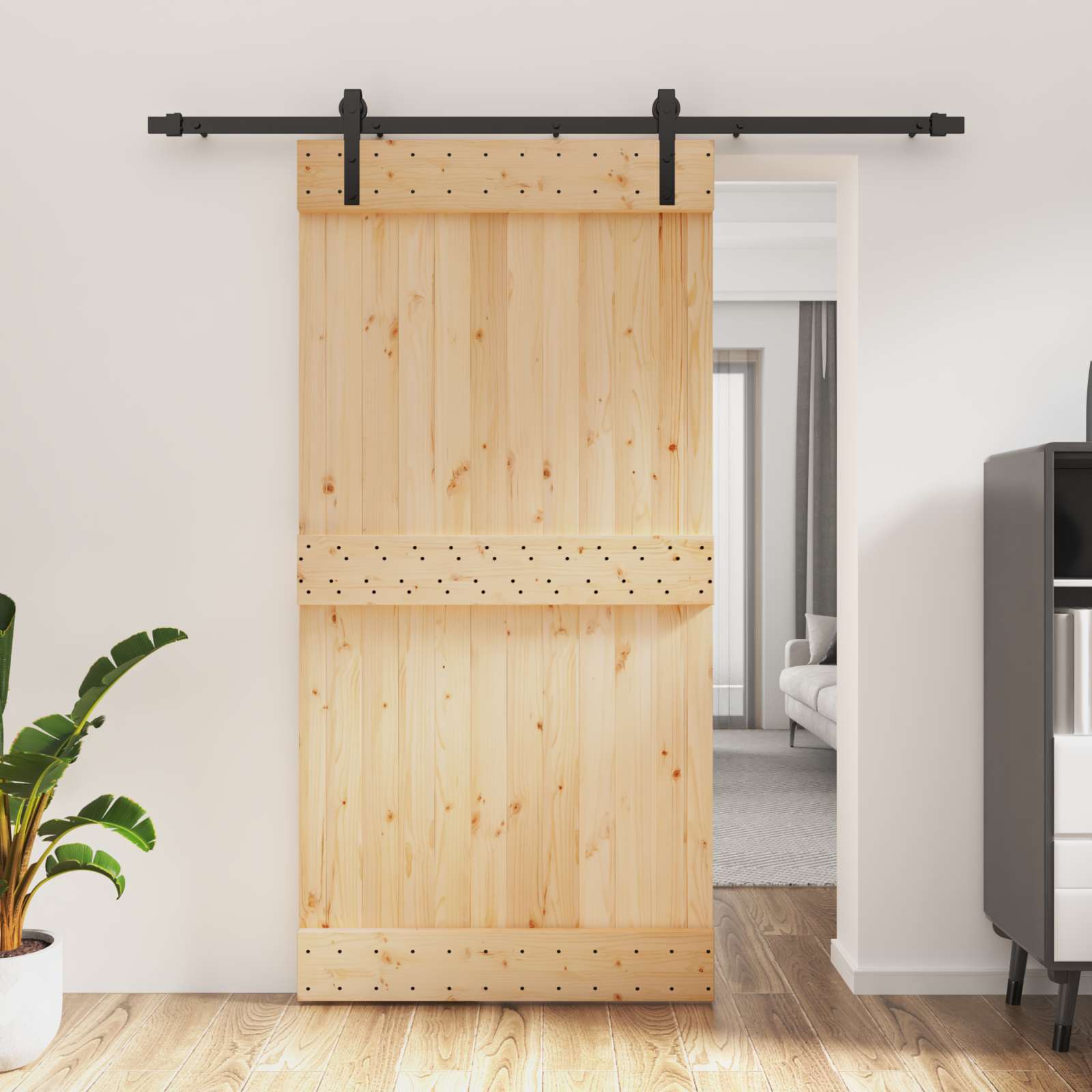 Klizna vrata Prirodna i crna 100 x 210 cm Čvrsta borovina
