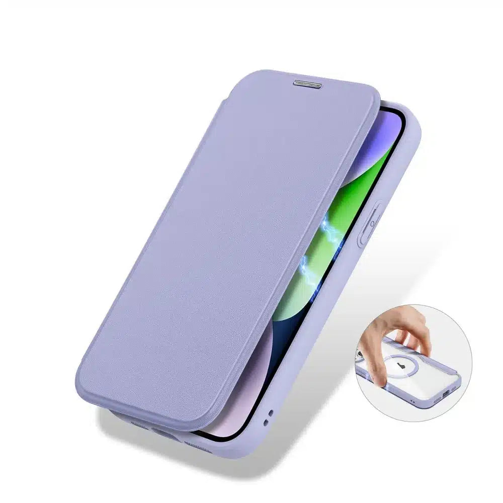 DUX DUCIS Skin X Pro – MagSafe kompatibilní flipové pouzdro pro Apple iPhone 15 Plus fialové