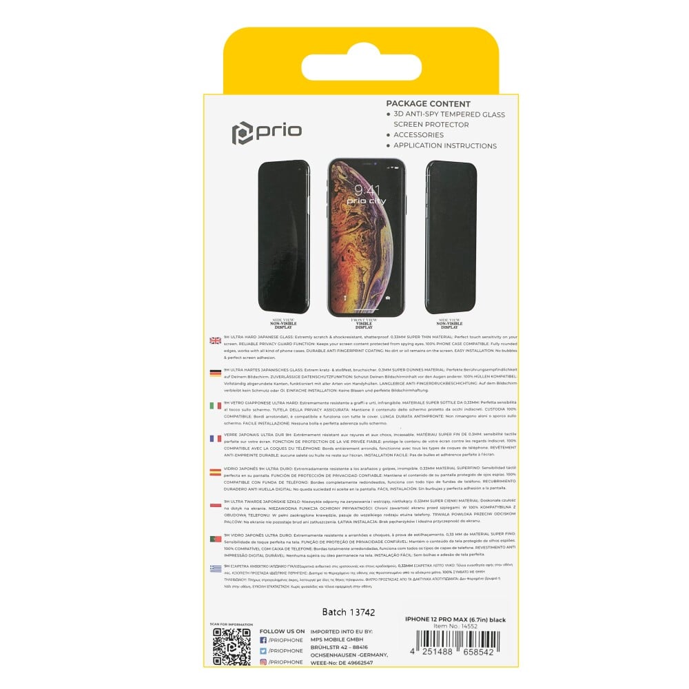 Prio 3D Anti-Spy tvrzené sklo pro iPhone 12 Pro Max černé