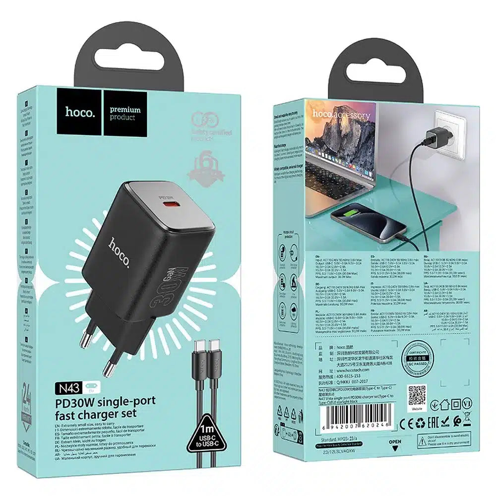 Nabíječka na zeď HOCO USB-C + kabel USB-C na USB-C PD QC 30W GaN N43 černá