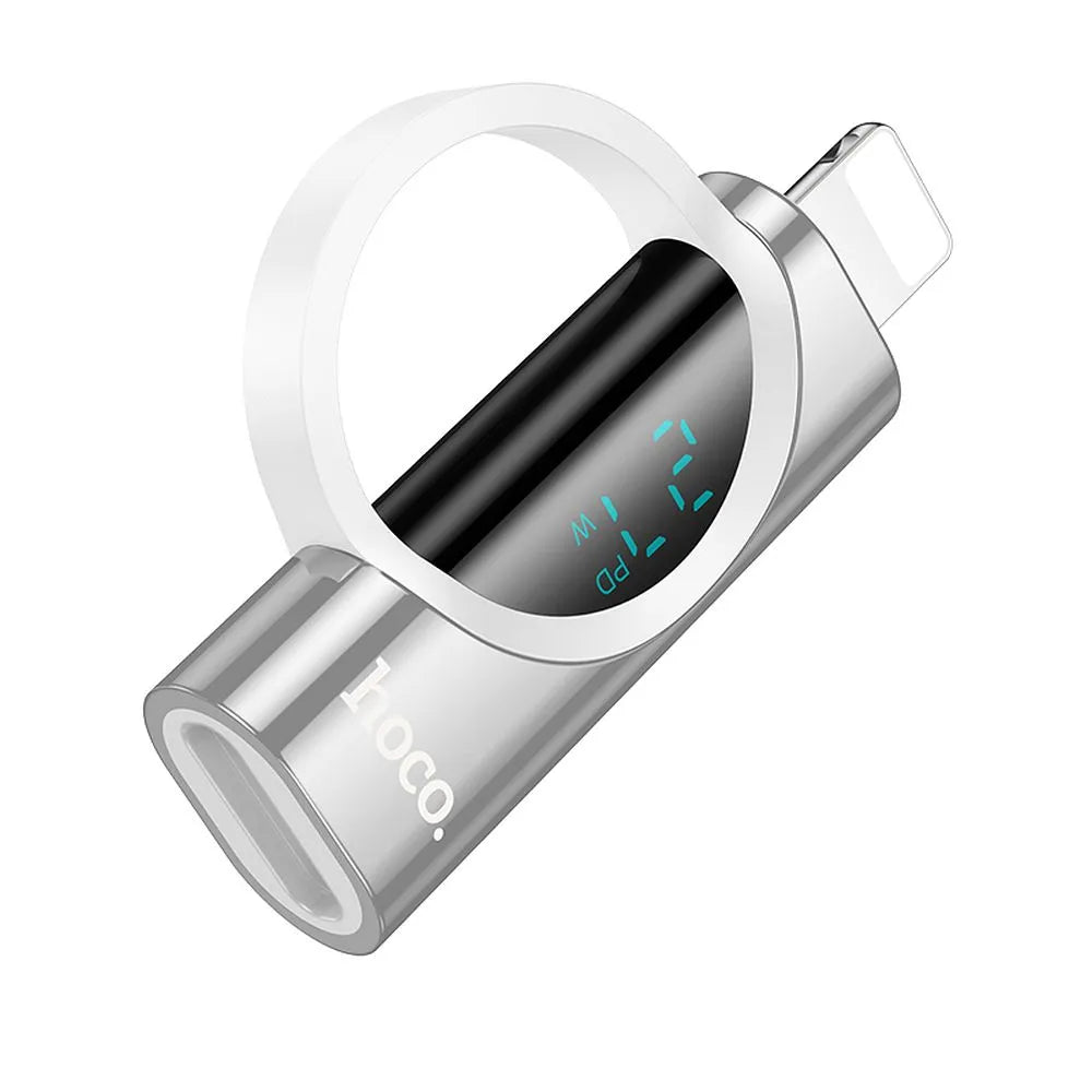 HOCO Lightning (M) na Type-C (F) adaptér s displejem 2.4A 27W UA32B stříbrný