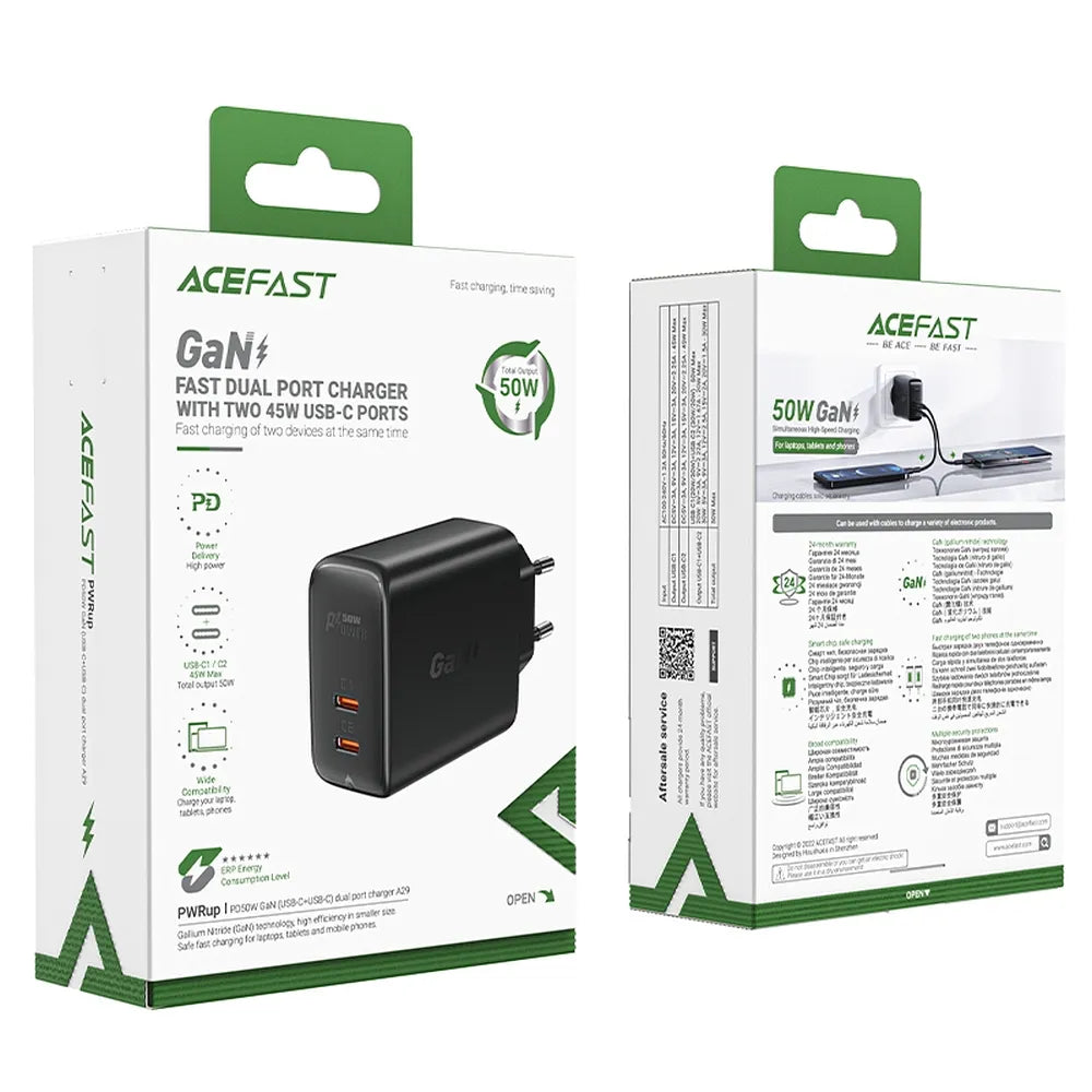 ACEFAST nabíječka 2 x Type C QC4.0 PD45W GaN A29 černá