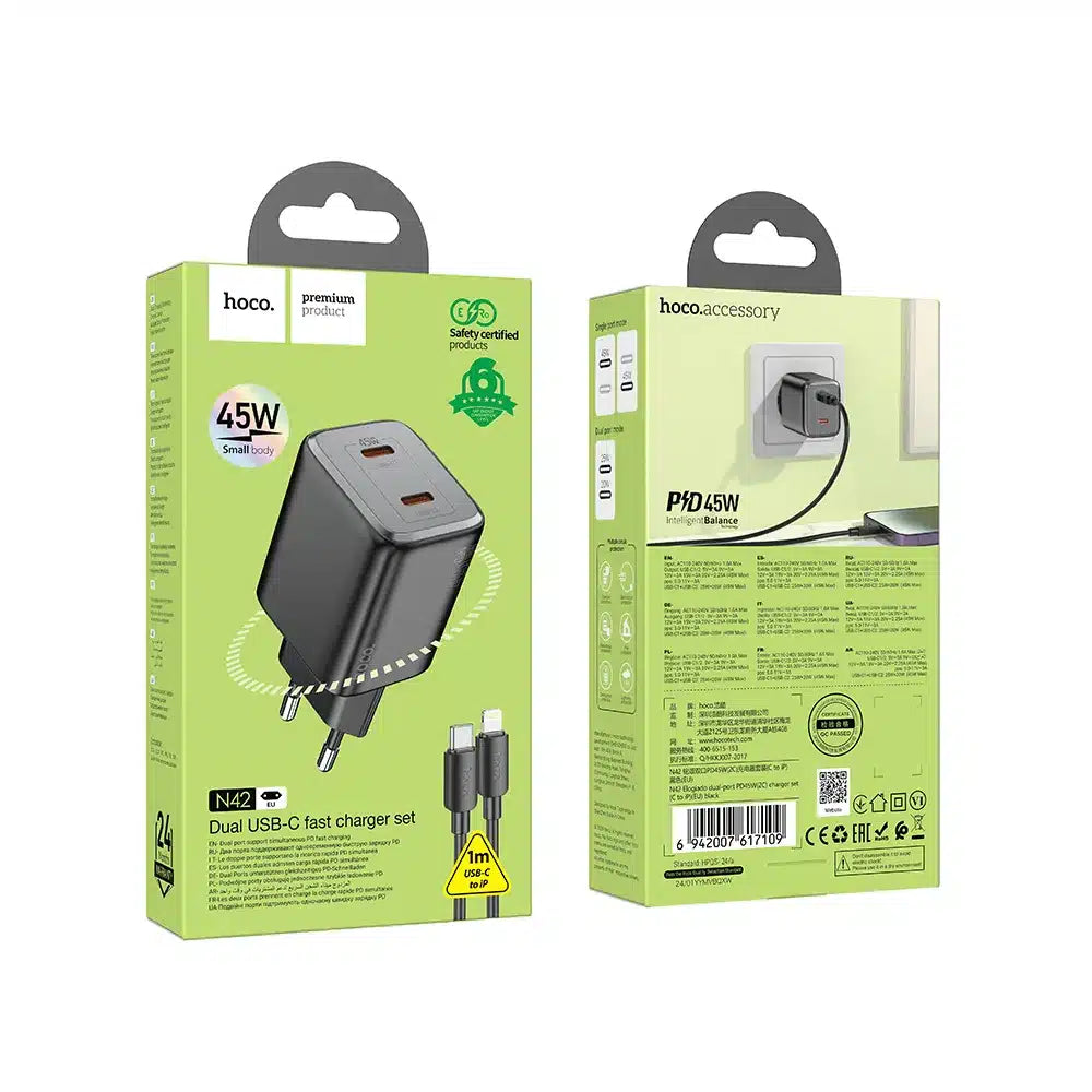 Nástěnná nabíječka HOCO 2x typ C + kabel typ C na Lightning PD QC 45W GaN N42 černá