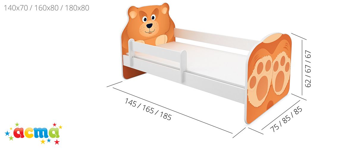 Dječji krevet ACMA Animals, bočna bijela + ladica 180x80 cm 01 Zeko
