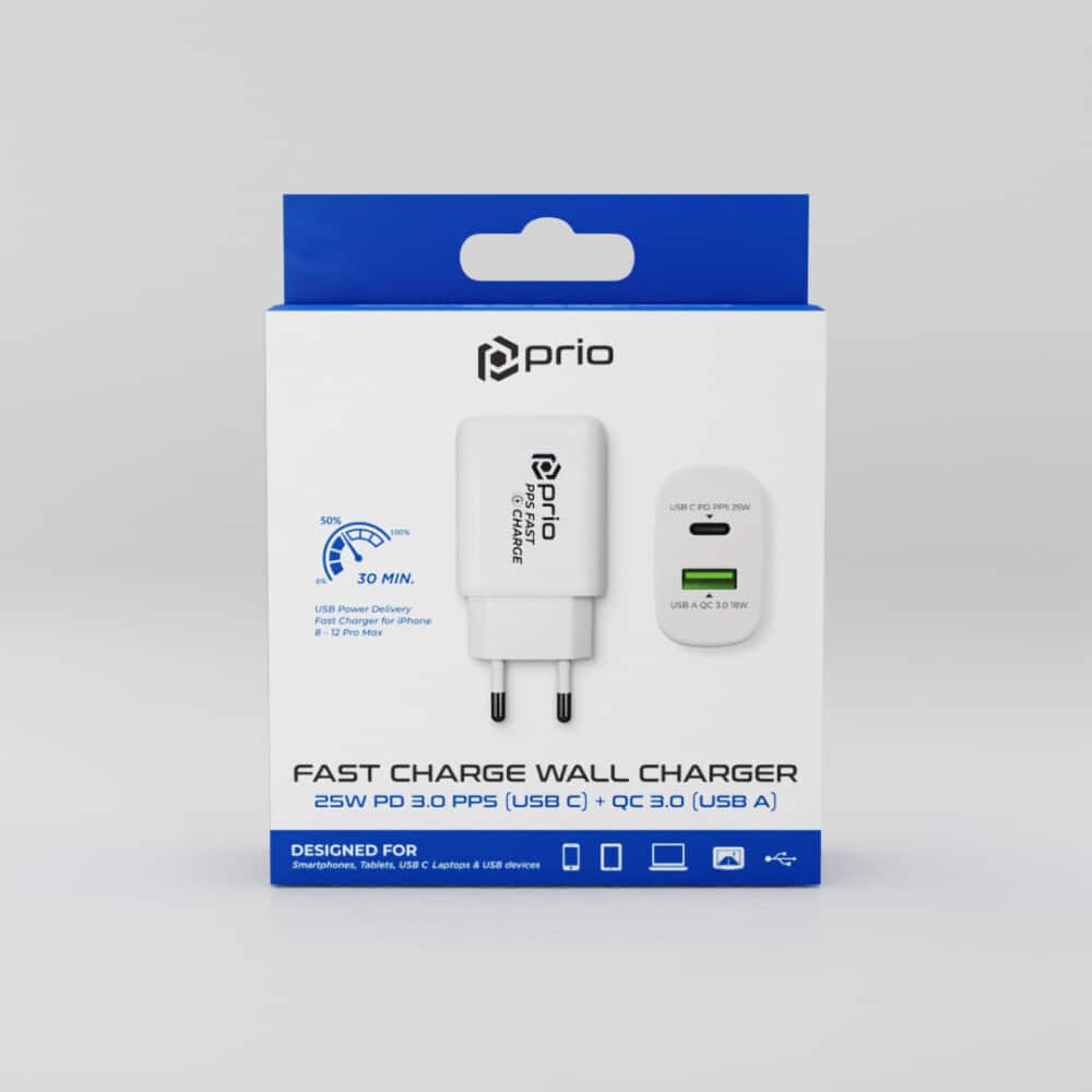 Prio Fast Charge nástěnná nabíječka 25W PD PPS (USB C) + QC 3.0 (USB A) bílá