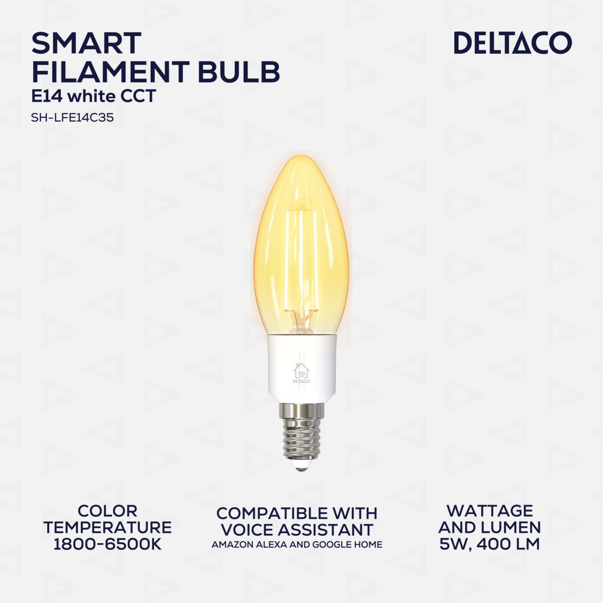 DELTACO SMART HOME LED Filament žarulja,E14,WiFI 2.4GHz, 4.5W, 400lm,dimmable, 1800K-6500K, 220-240V