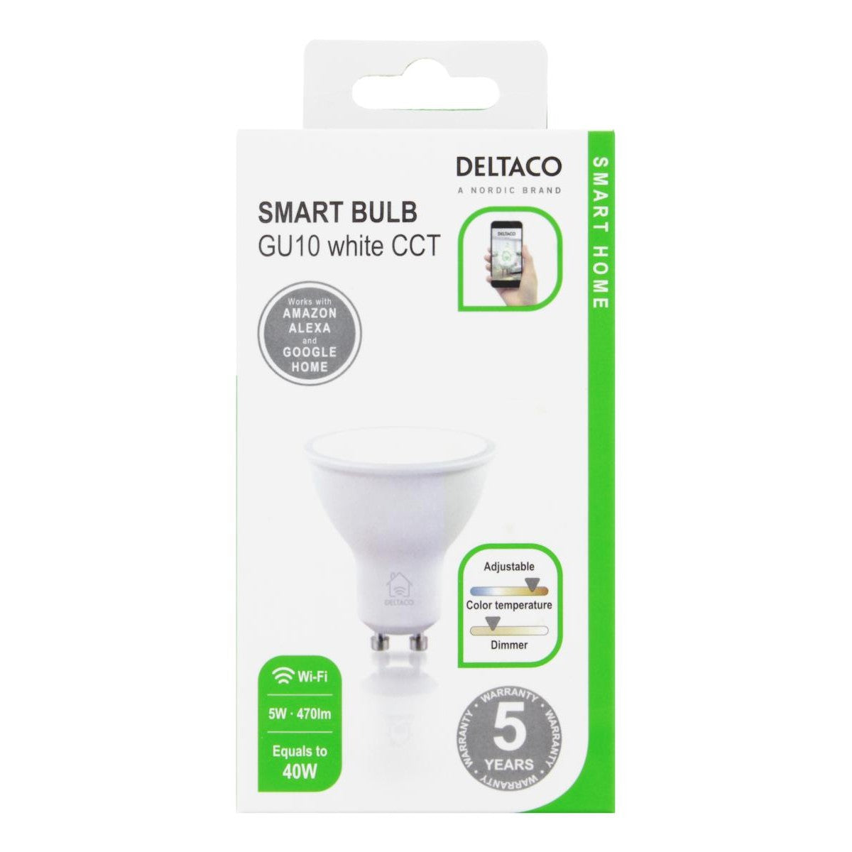 DELTACO SMART HOME LED Žarulja, GU10, WiFI 2.4GHz, 5W, 470lm, 2700K-6000K, 220-240V, BIJELA Campaign