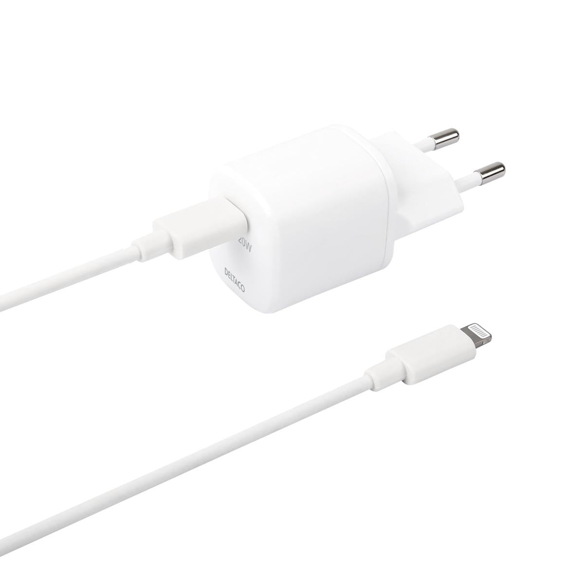 DELTACO Kućni Punjač 1x USB-C, PD 20 W + kabel USB-C - Lightning 1m BIJELI