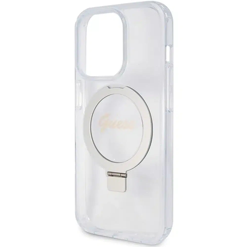 Originální pouzdro GUESS Hardcase GUHMP15XHRSGSD pro iPhone 15 Pro Max (Magsafe / Glitter Script Logo / kruhový stojánek / průhledné)