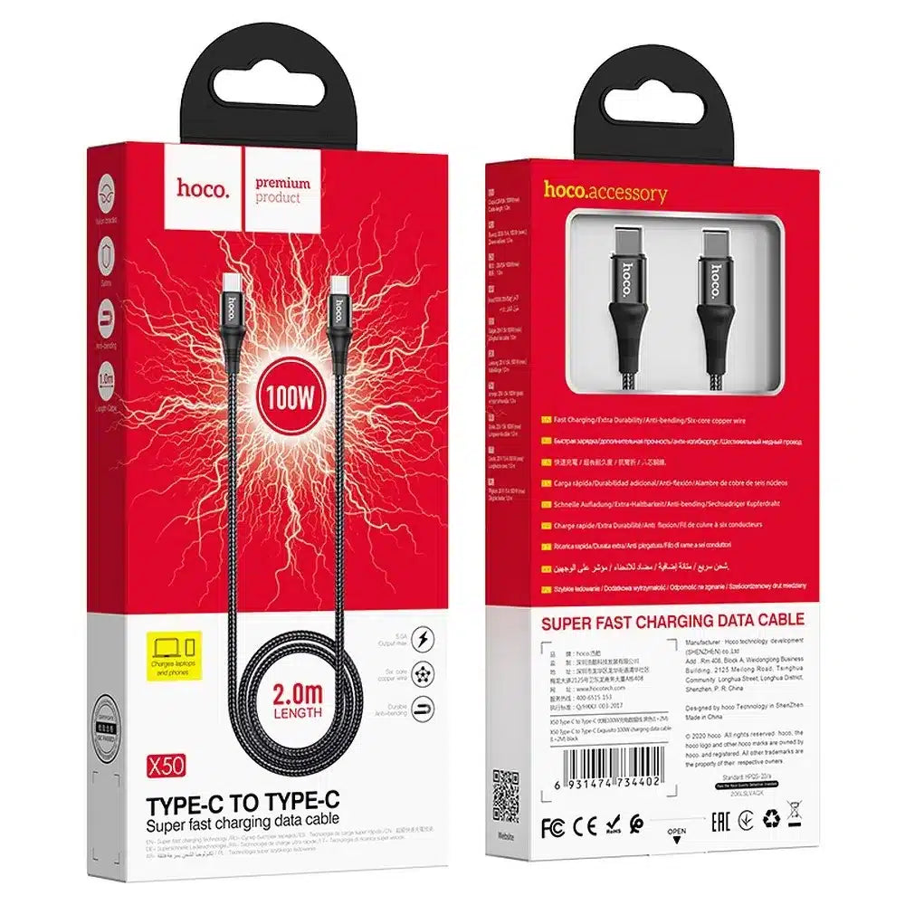 Kabel HOCO Type-C na Type-C Exquisite Power Delivery PD 100W X50 2 metry černý