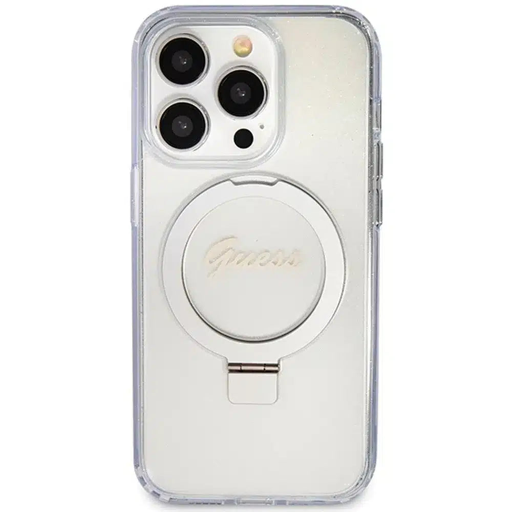 Originální pouzdro GUESS Hardcase GUHMP15XHRSGSD pro iPhone 15 Pro Max (Magsafe / Glitter Script Logo / kruhový stojánek / průhledné)