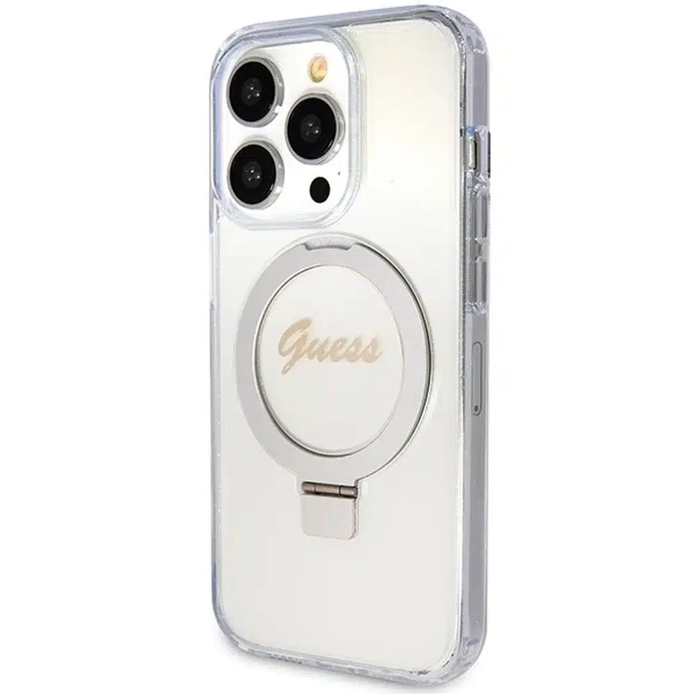 Originální pouzdro GUESS Hardcase GUHMP15XHRSGSD pro iPhone 15 Pro Max (Magsafe / Glitter Script Logo / kruhový stojánek / průhledné)