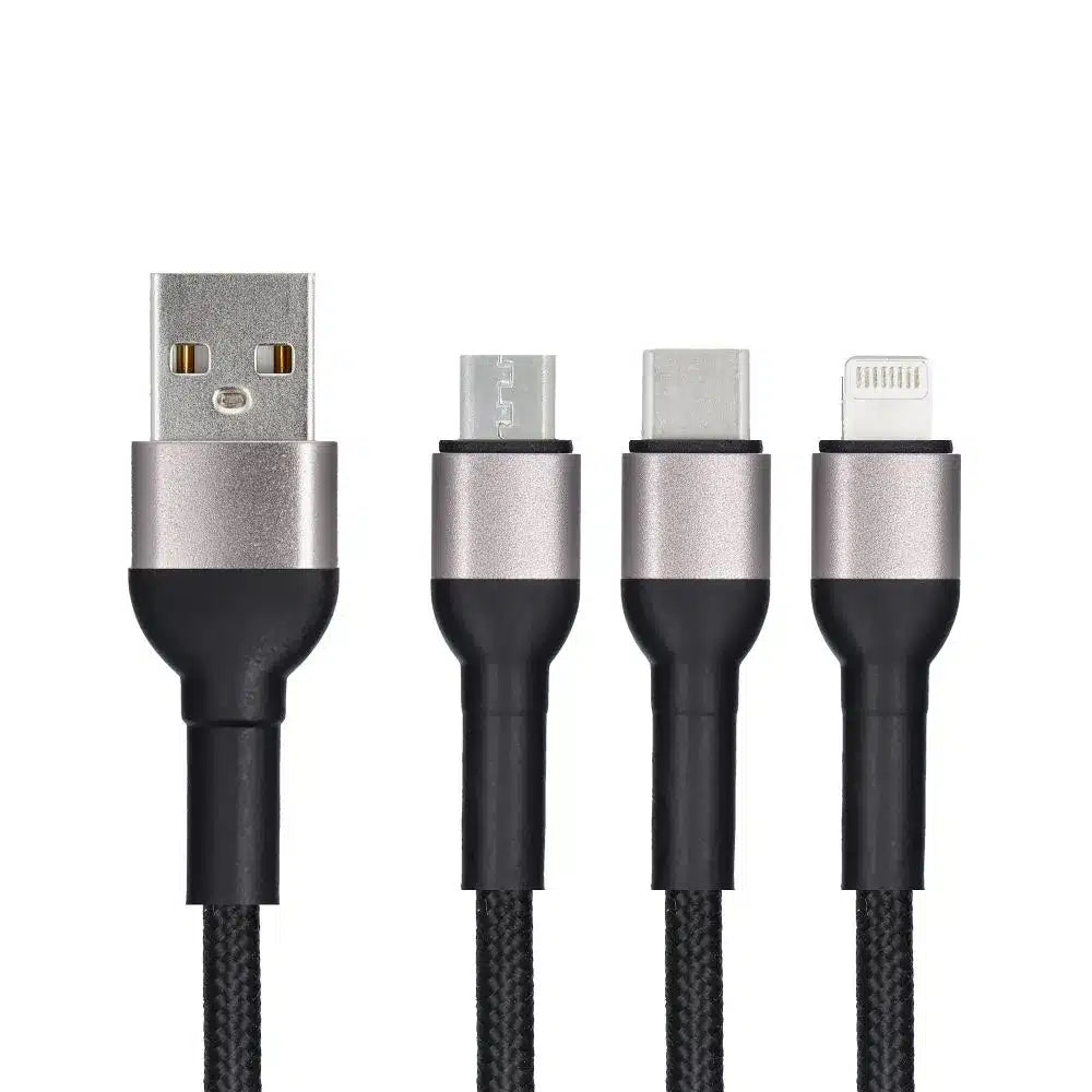 Blue Star 3v1 opletený kabel s konektory micro USB, USB C a Lightning 3A