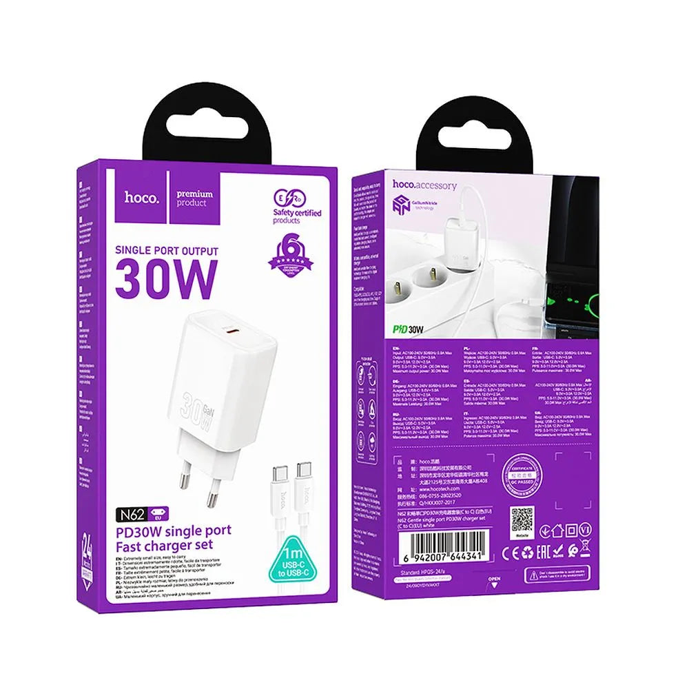 Hoco USB-C QC PD 30W nástěnná nabíječka pro telefon + USB C na USB C kabel N62 bílý