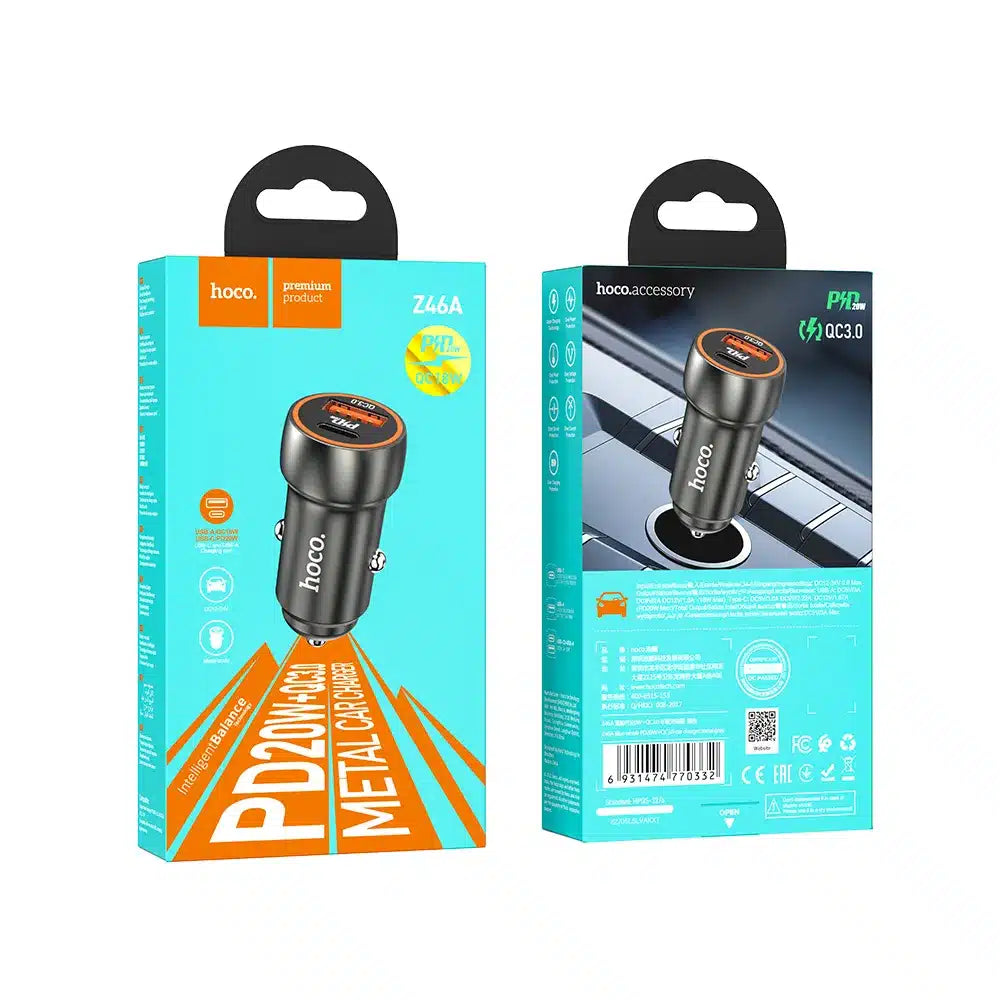 HOCO nabíječka do auta Type C + USB QC3.0 Power Delivery 20W Z46A kovová šedá