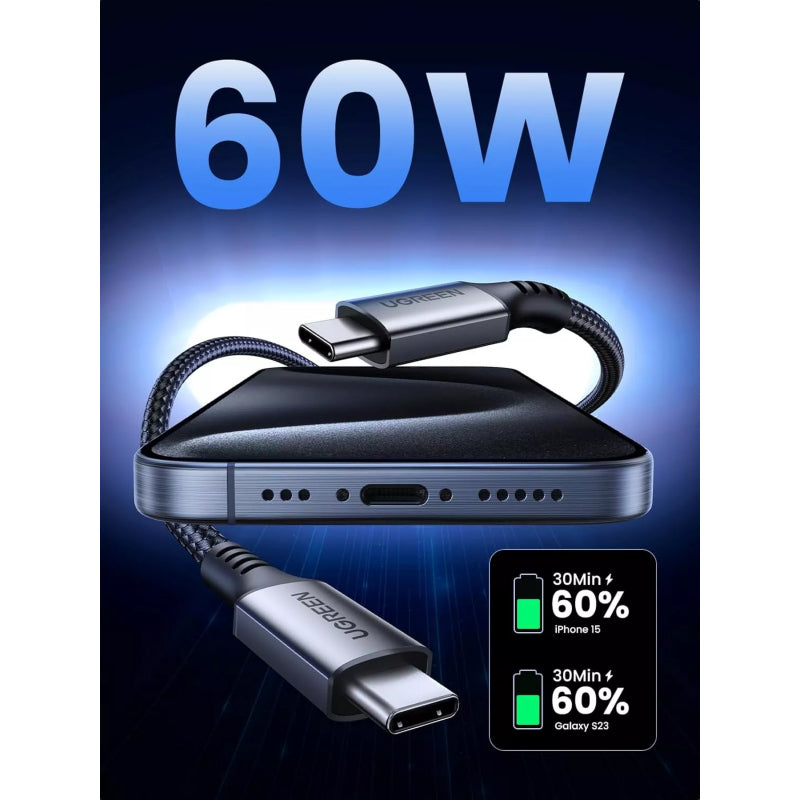 UGREEN US567 USB-C na USB-C kabel 60W 3A 2m šedý