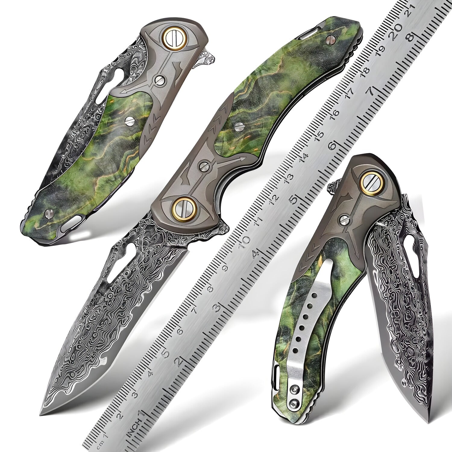 Damaskasti lovački sklopivi nož MA-31649 - Zelena KP31649