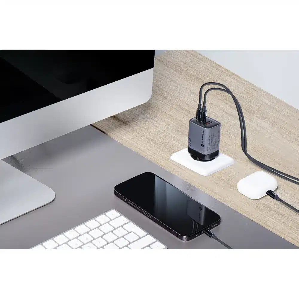 FORCELL F-ENERGY GaN III VT-37 síťová nabíječka s LCD displejem 2 x Type C + USB A PD QC4.0 SAM SFC2.0 3.45A 70W šedá