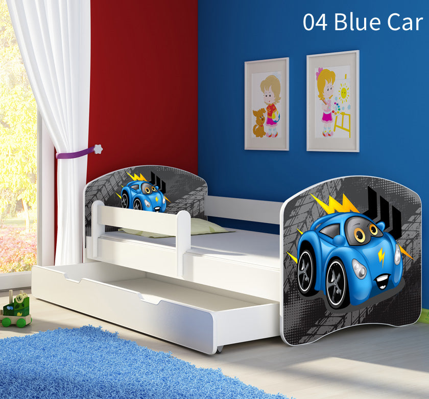 Dječji krevet ACMA s motivom, bočna bijela + ladica 140x70 cm 04 Blue Car